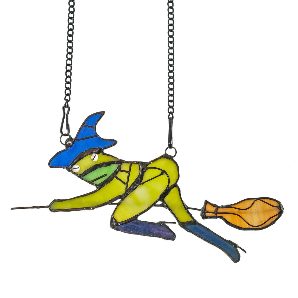 RainLine Witch Hat Frog on Broom Stained Glass Suncatcher 6.7x4in