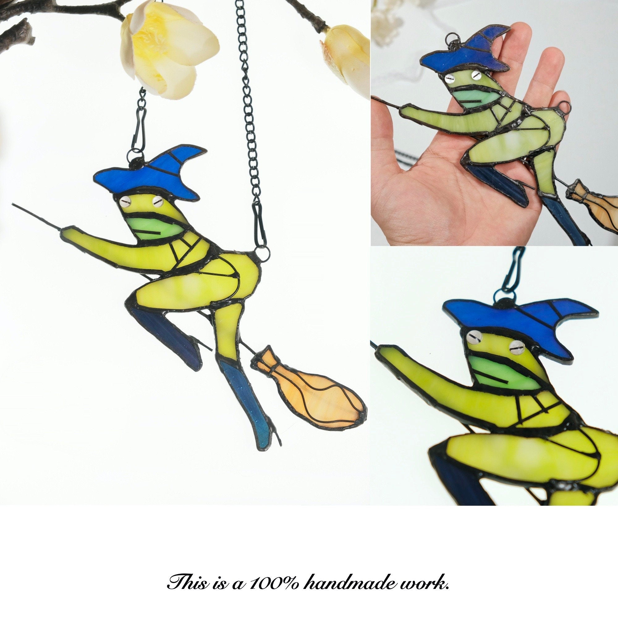 RainLine Witch Hat Frog on Broom Stained Glass Suncatcher 6.7x4in