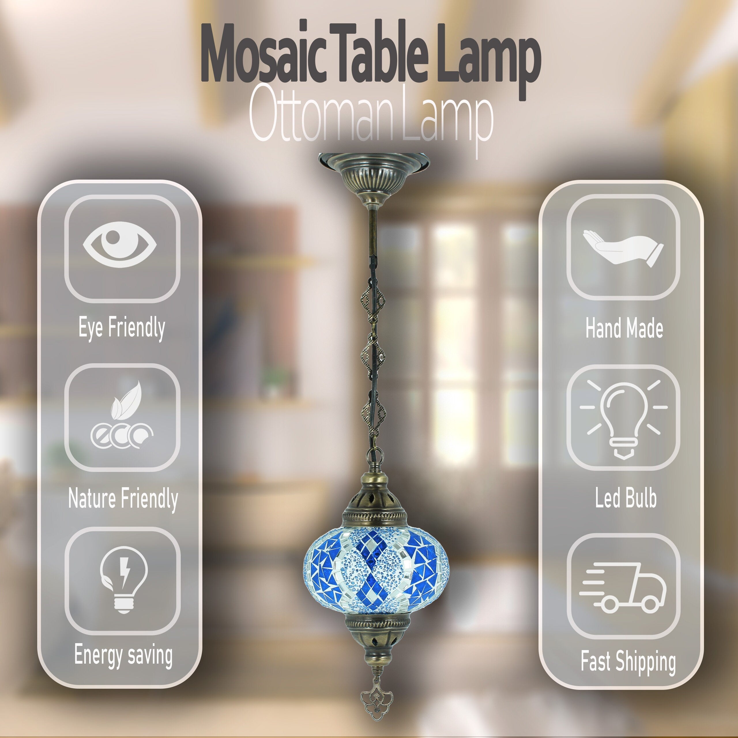MoslandHome Handmade Turkish Mosaic Chandelier Pendant Lamp 25.6in