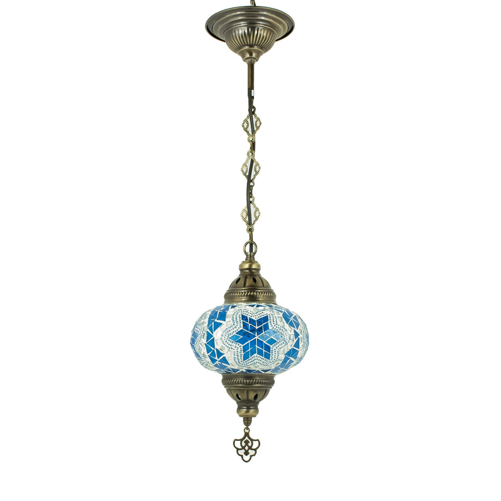MoslandHome Handmade Turkish Mosaic Pendant Lamp Moroccan Stained Glass Blue White