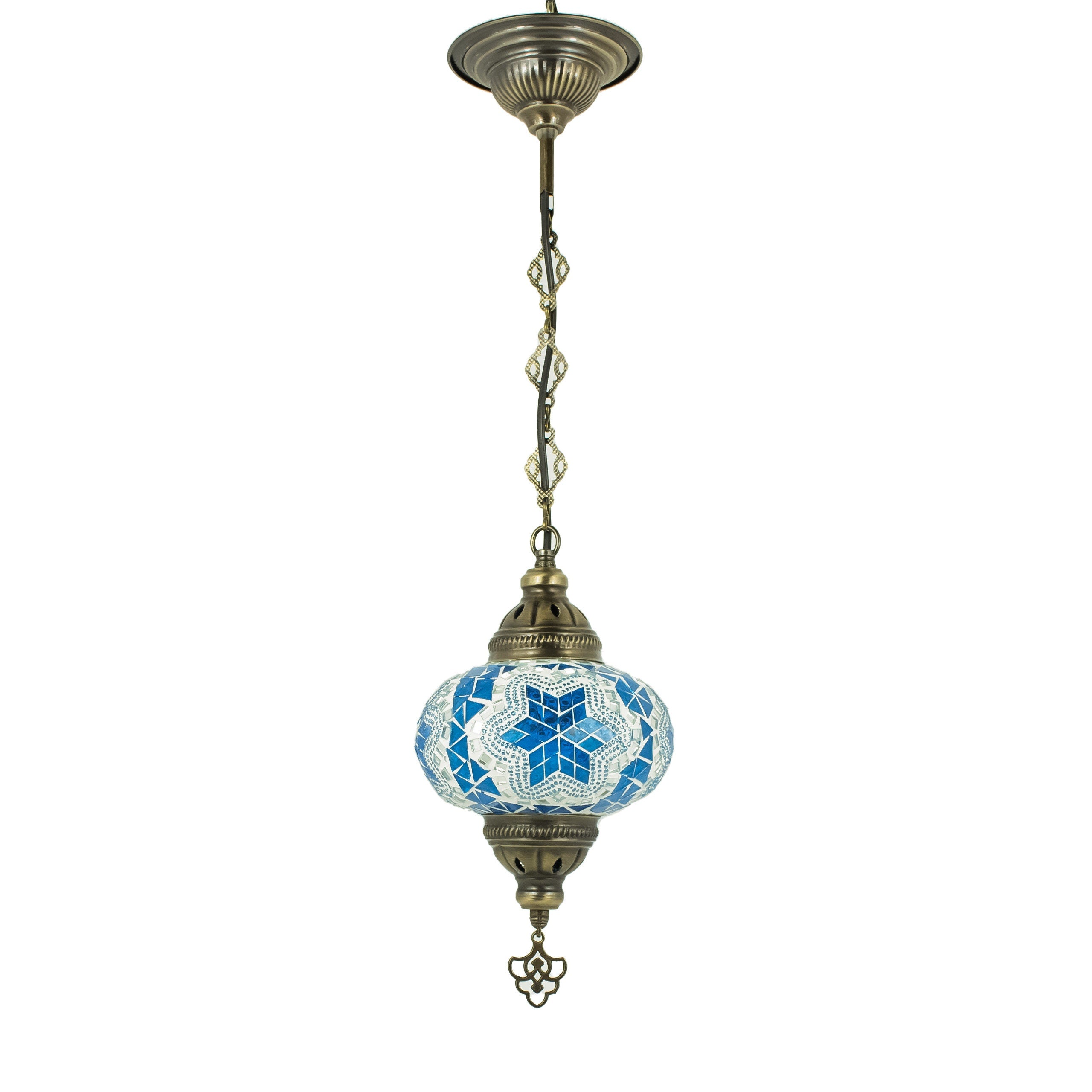 MoslandHome Handmade Turkish Mosaic Pendant Lamp Moroccan Stained Glass Blue White