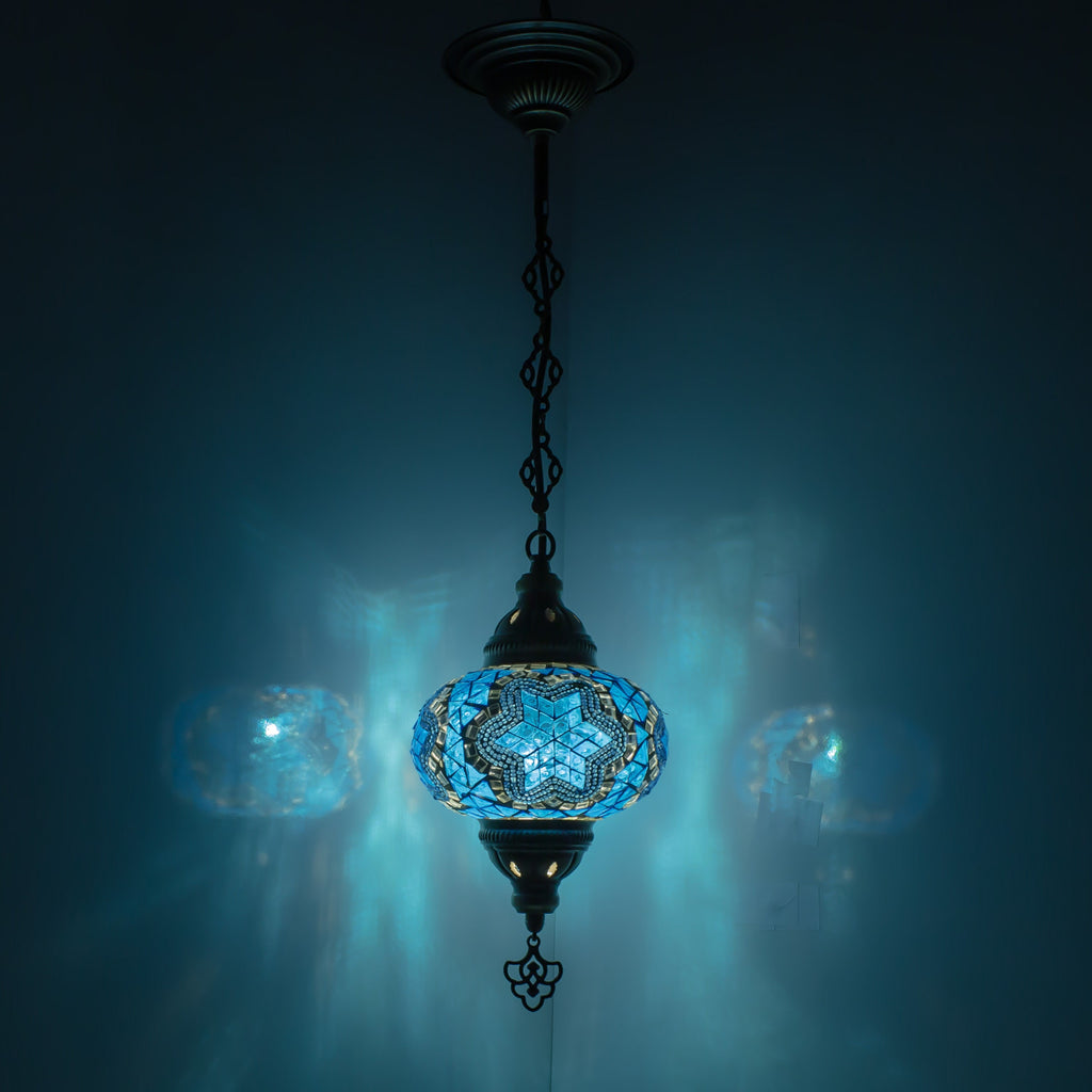 MoslandHome Handmade Turkish Mosaic Pendant Lamp Moroccan Stained Glass Blue White