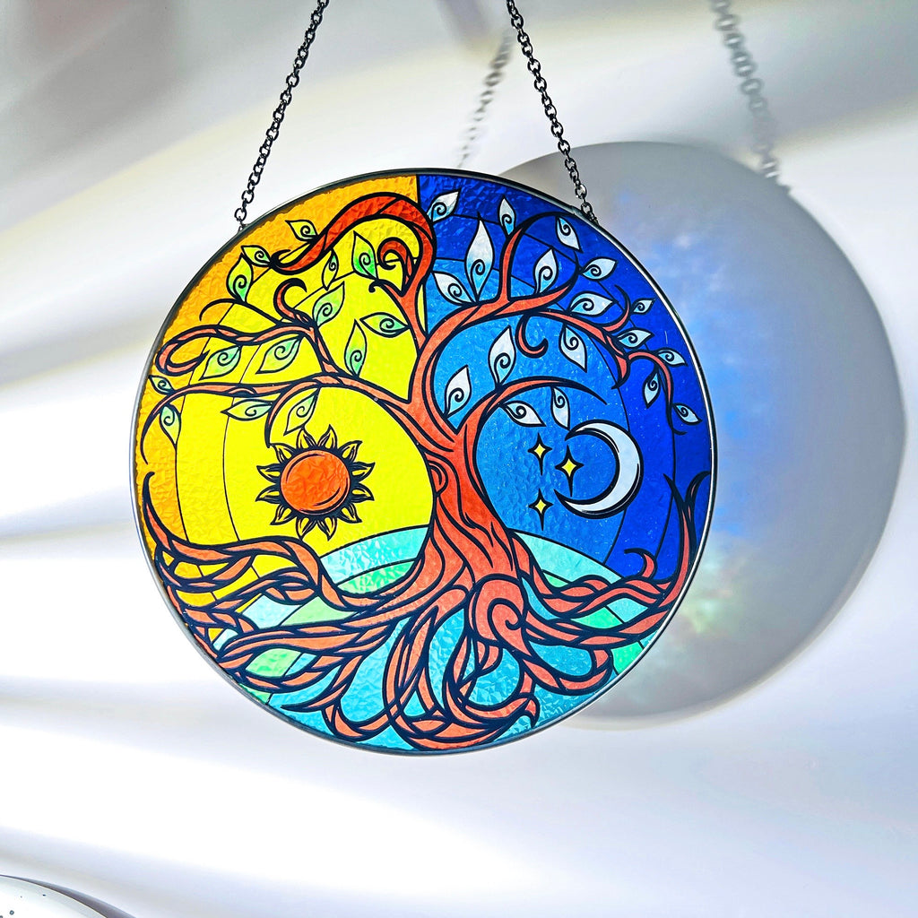 RainLine Tree of Life Stained Glass Suncatcher 7.9in Hand-Painted Yin Yang