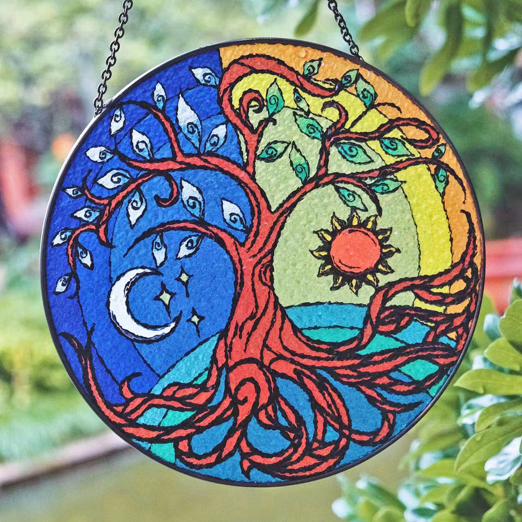 RainLine Tree of Life Stained Glass Suncatcher 7.9in Hand-Painted Yin Yang