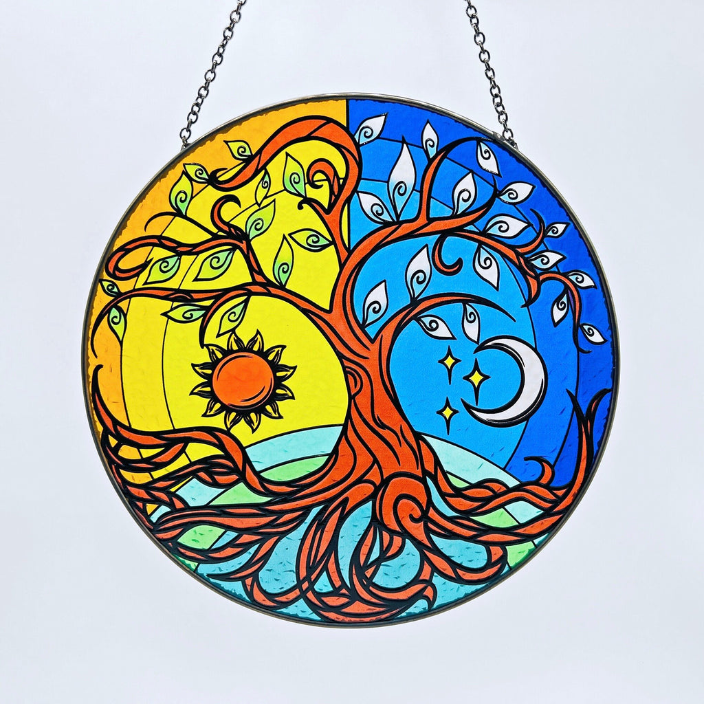 RainLine Tree of Life Stained Glass Suncatcher 7.9in Hand-Painted Yin Yang