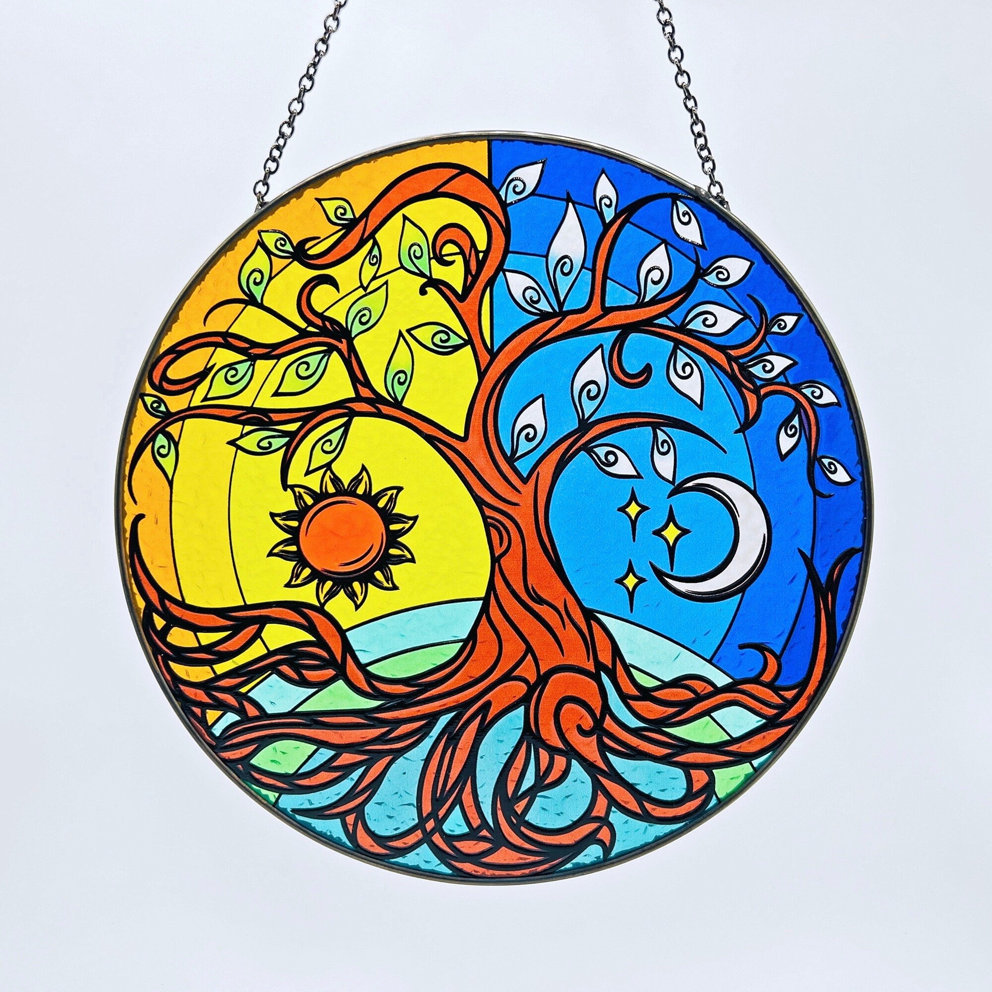 RainLine Tree of Life Stained Glass Suncatcher 7.9in Hand-Painted Yin Yang