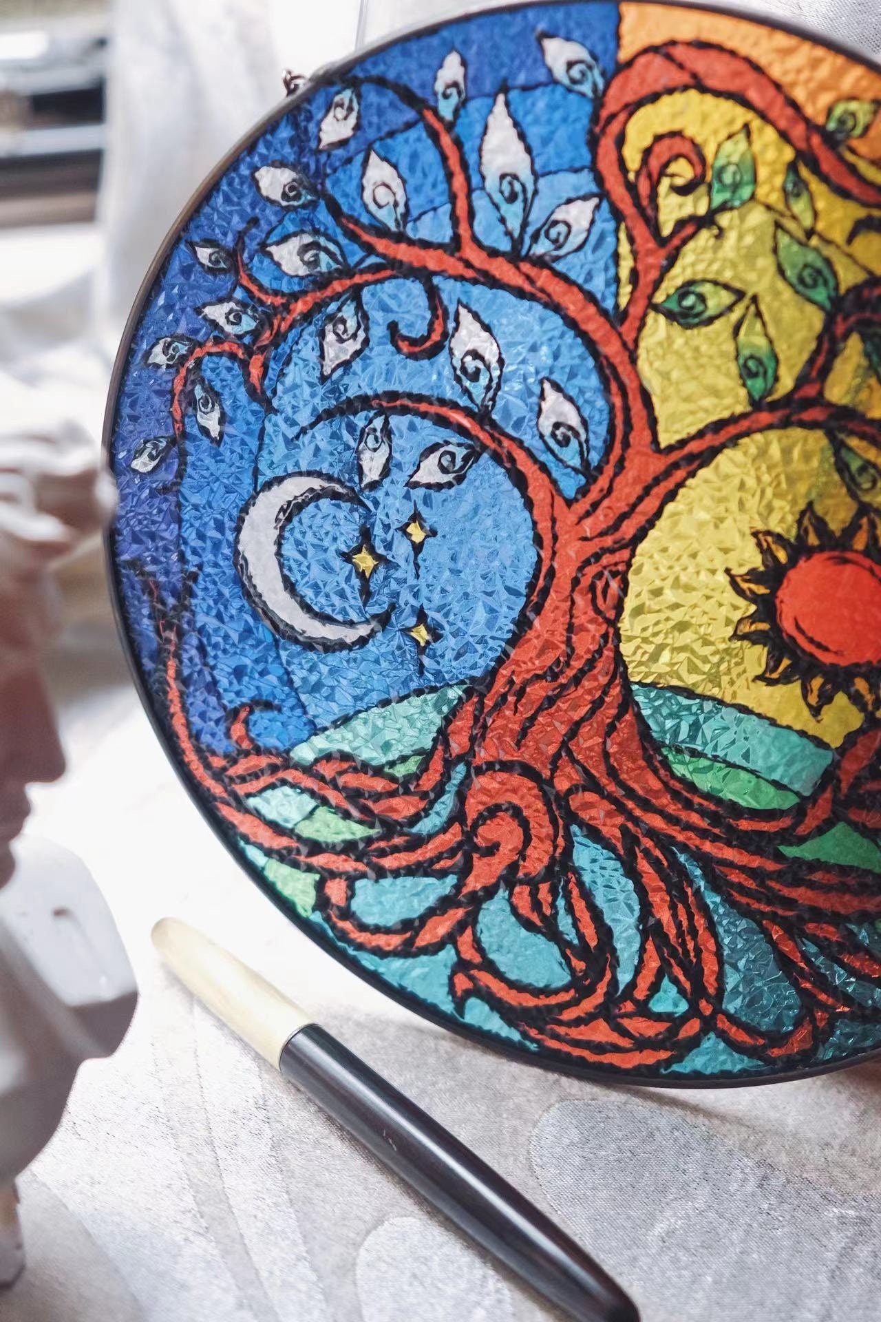 RainLine Tree of Life Stained Glass Suncatcher 7.9in Hand-Painted Yin Yang