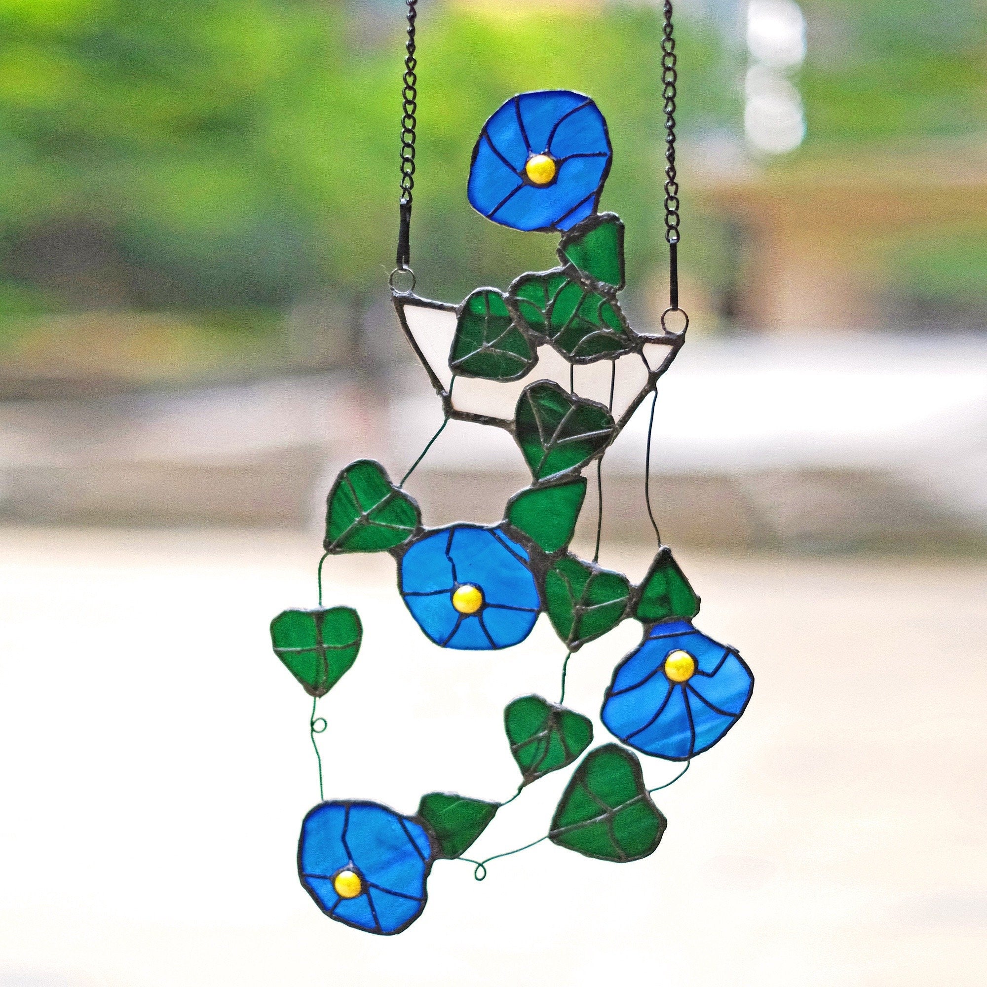 RainLine String of Hearts Morning Glory Stained Glass Window Hanging Suncatcher