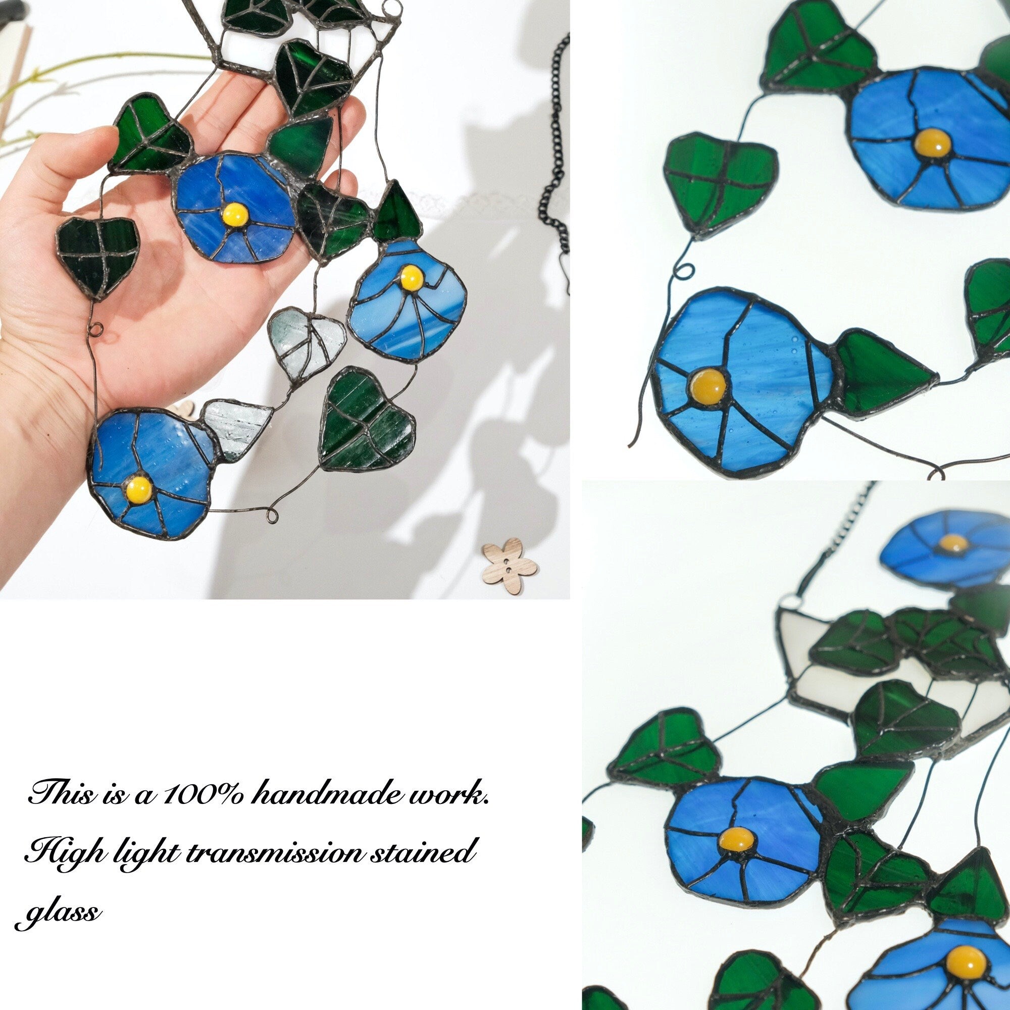 RainLine String of Hearts Morning Glory Stained Glass Window Hanging Suncatcher