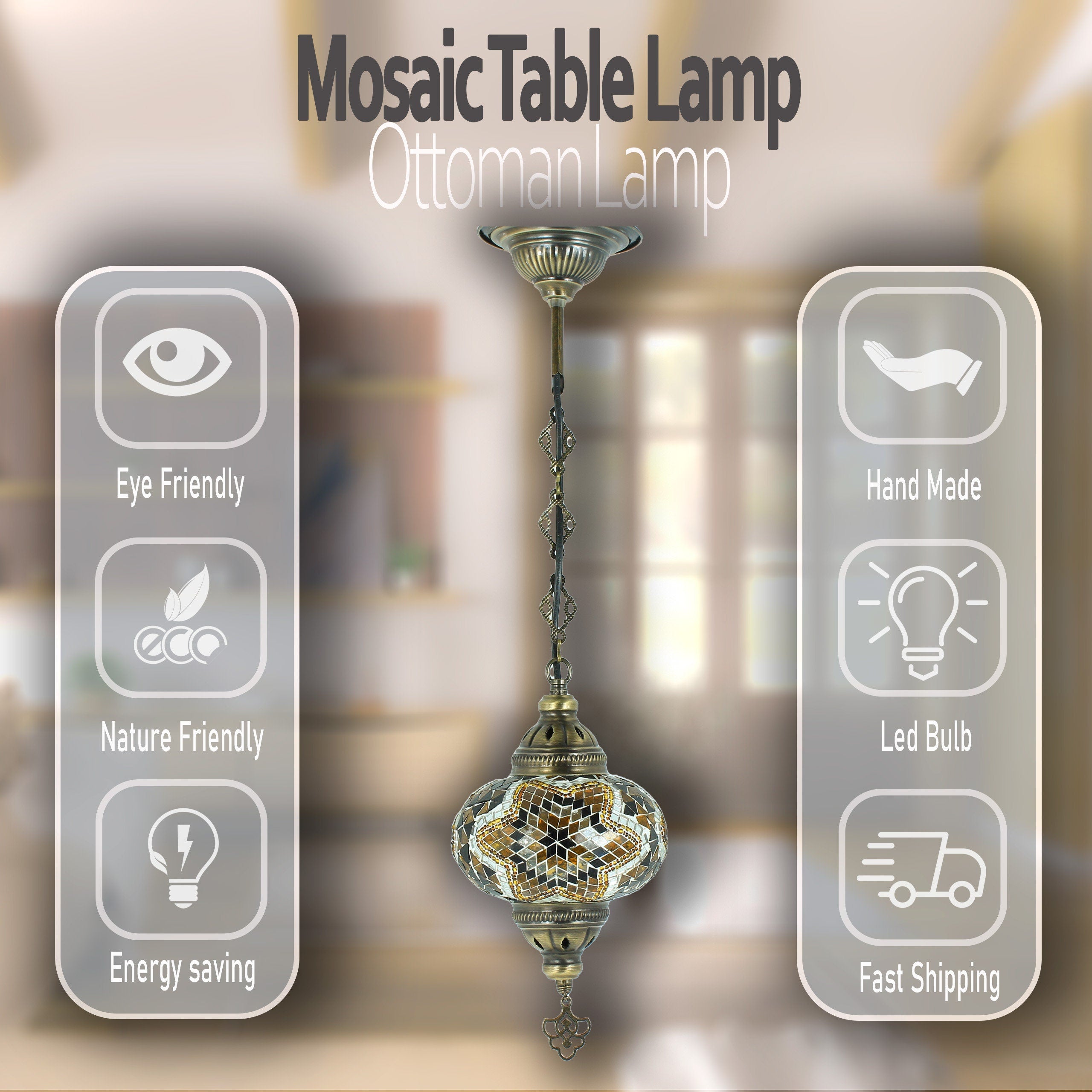 MoslandHome Handmade Turkish Mosaic Chandelier Pendant Lamp With LED Antique Brass