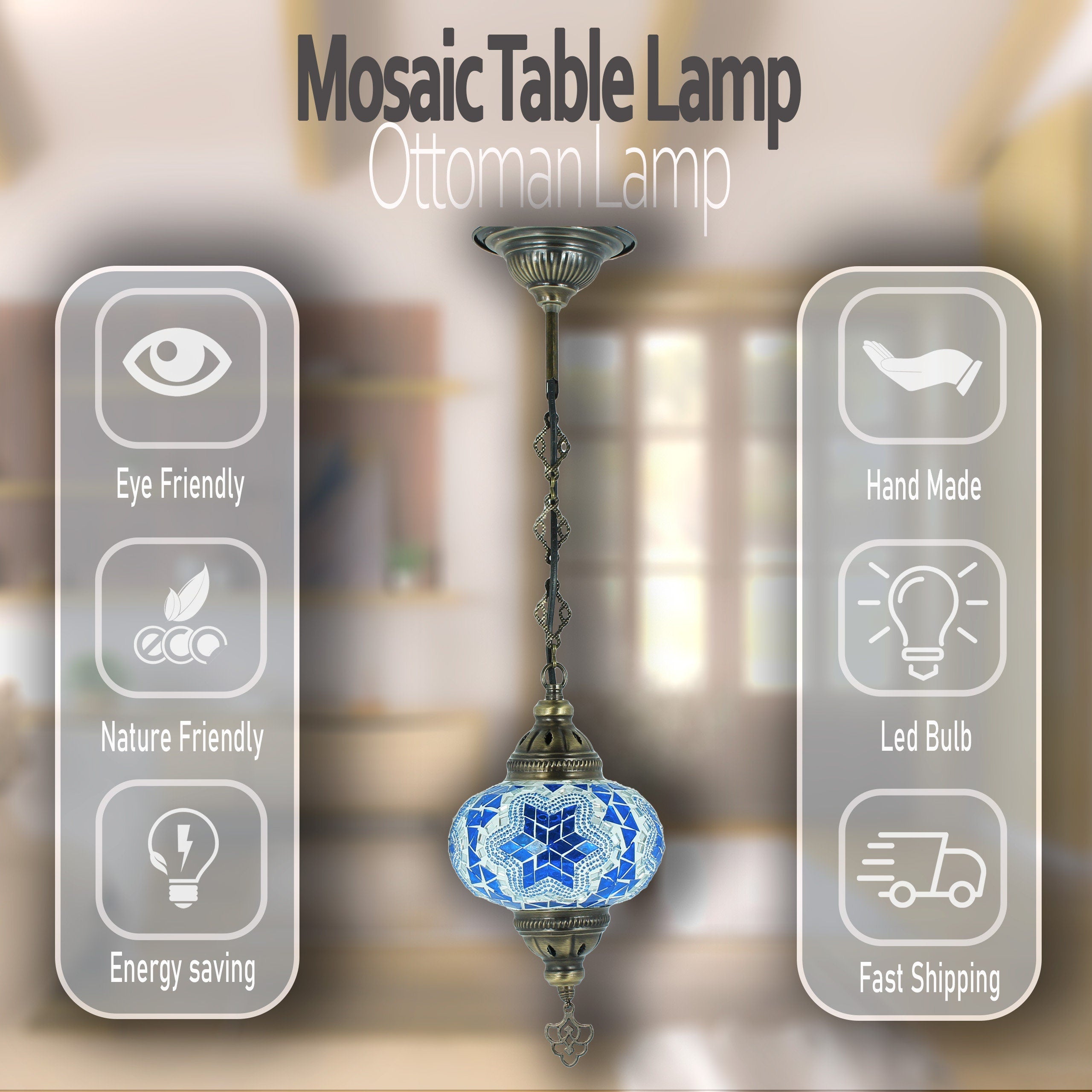 MoslandHome Handmade Turkish Mosaic Pendant Lamp Moroccan Stained Glass Blue White