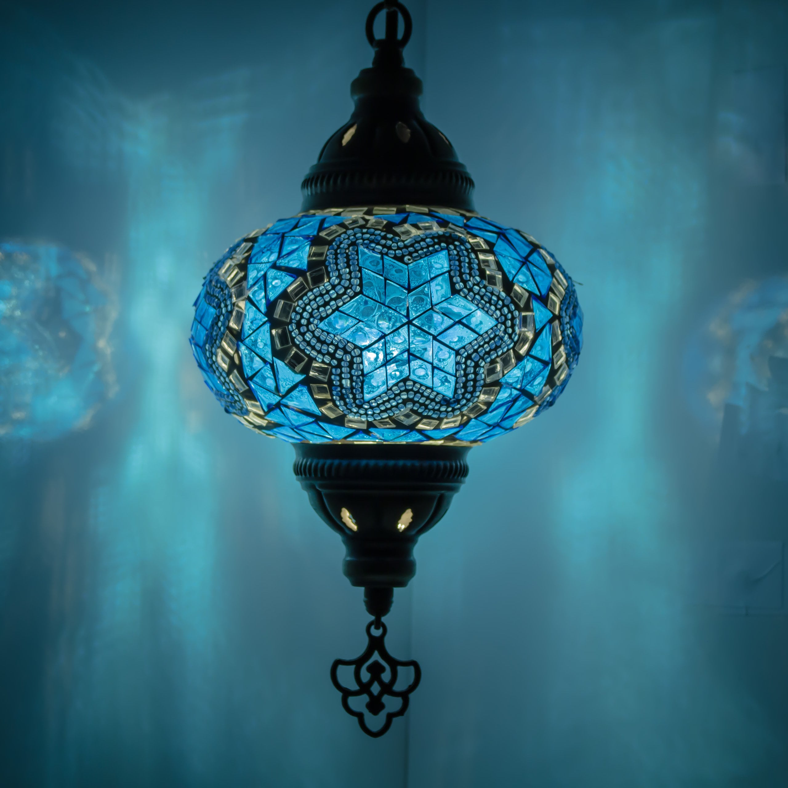 MoslandHome Handmade Turkish Mosaic Pendant Lamp Moroccan Stained Glass Blue White