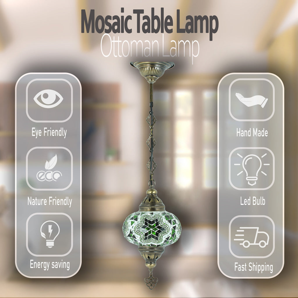 MoslandHome Handmade Turkish Mosaic Pendant Lamp 6.5in Green White