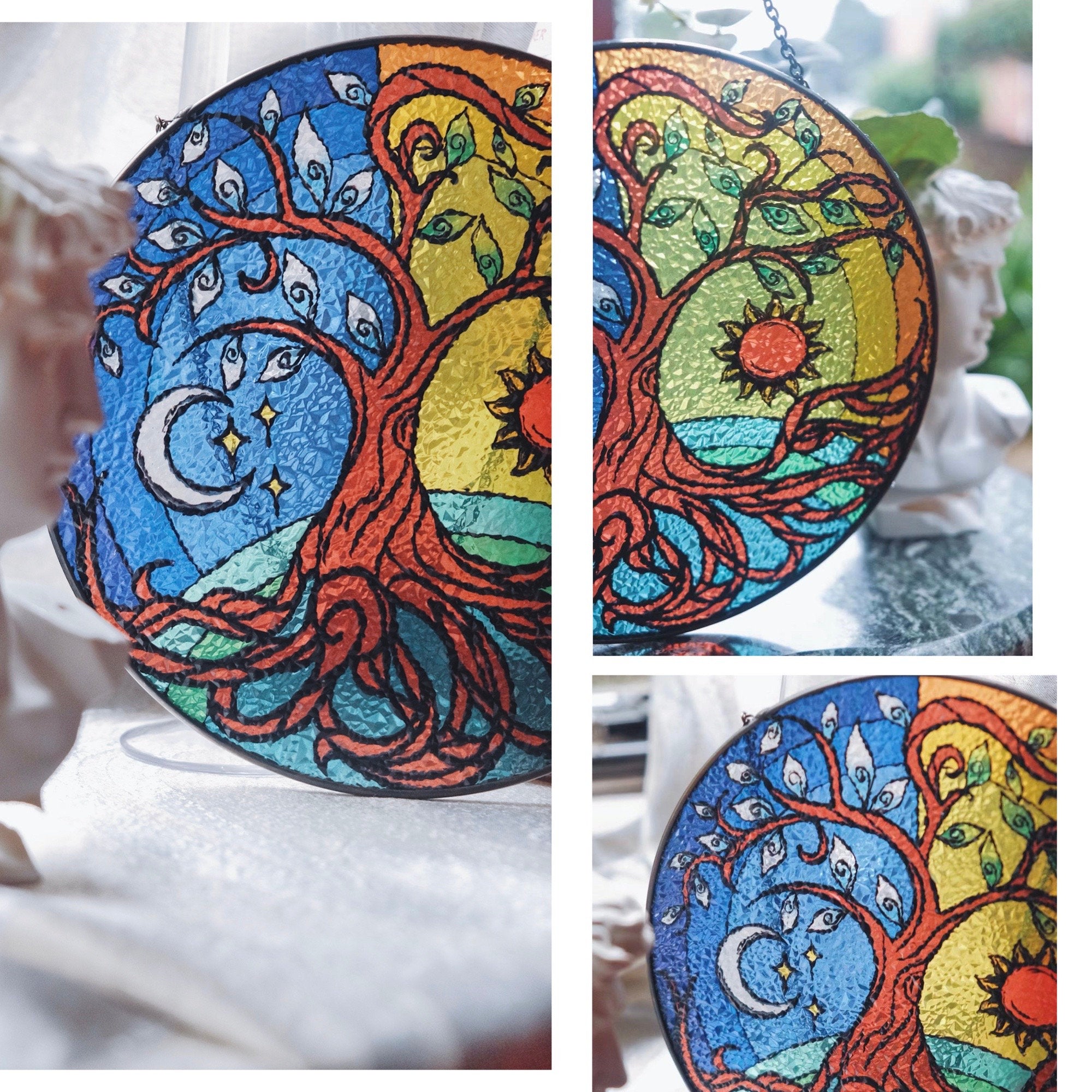 RainLine Tree of Life Stained Glass Suncatcher 7.9in Hand-Painted Yin Yang