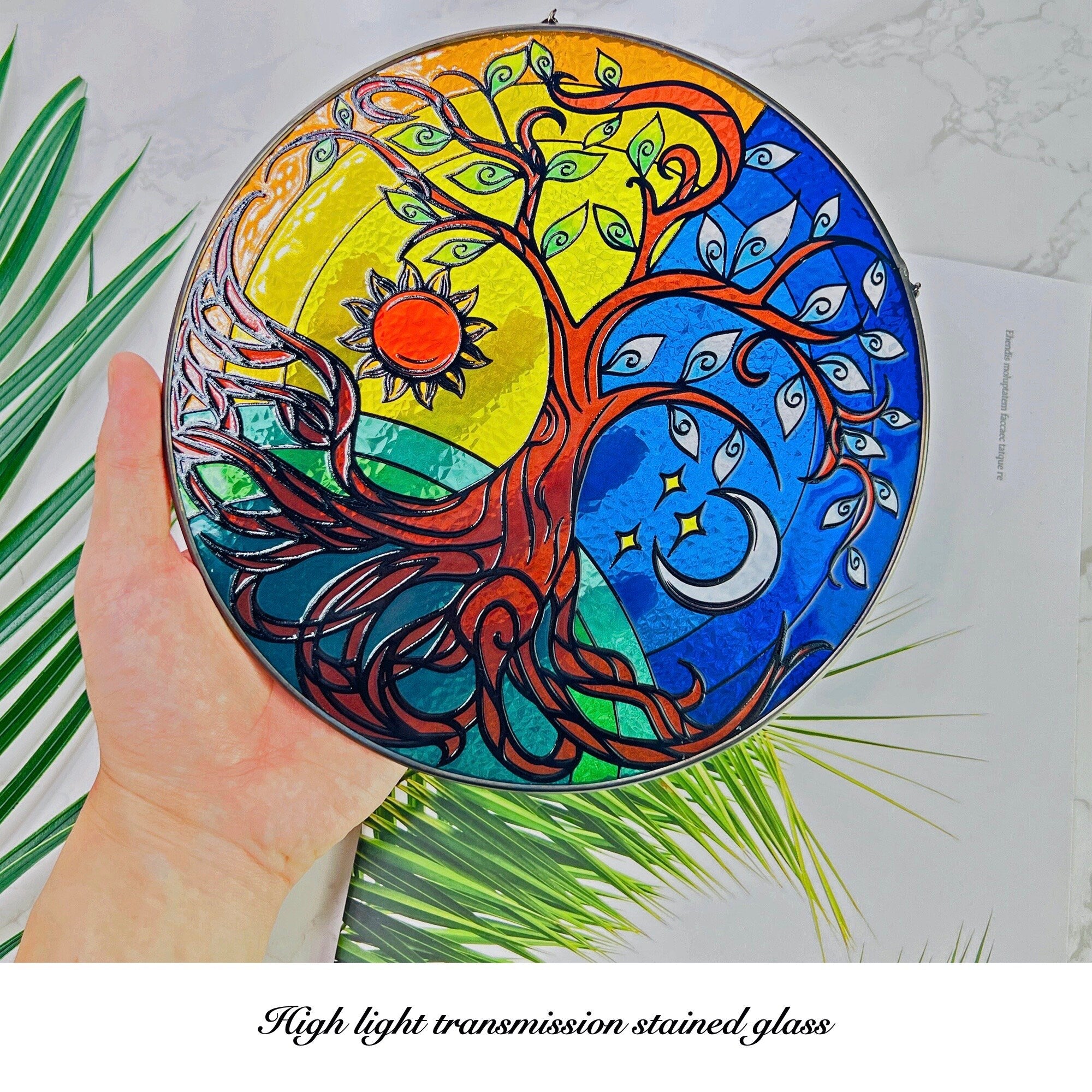 RainLine Tree of Life Stained Glass Suncatcher 7.9in Hand-Painted Yin Yang