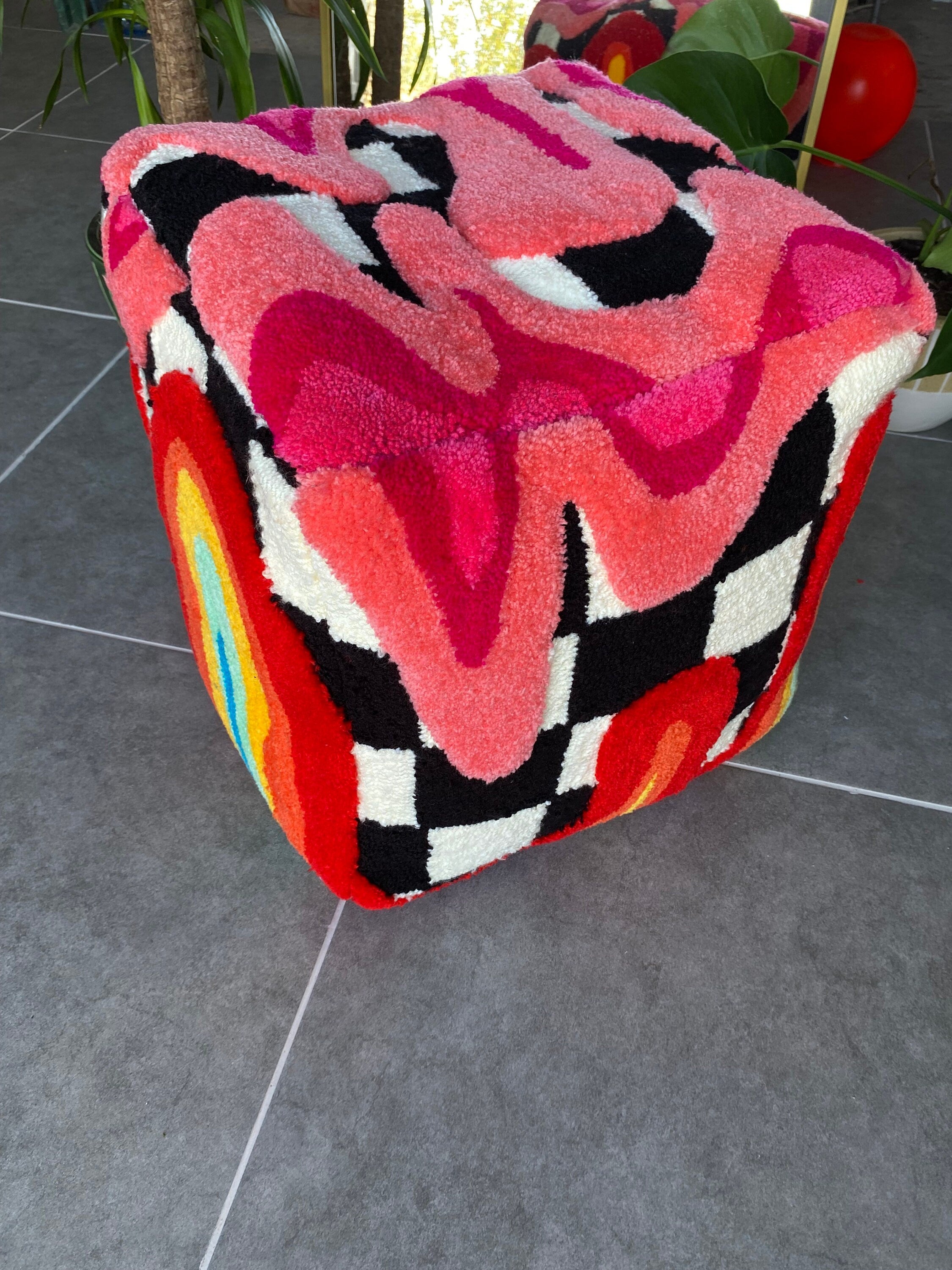 OrnnWorks Rainbow Checkered 3D Tufted Ottoman Pouf Cover Unstuffed