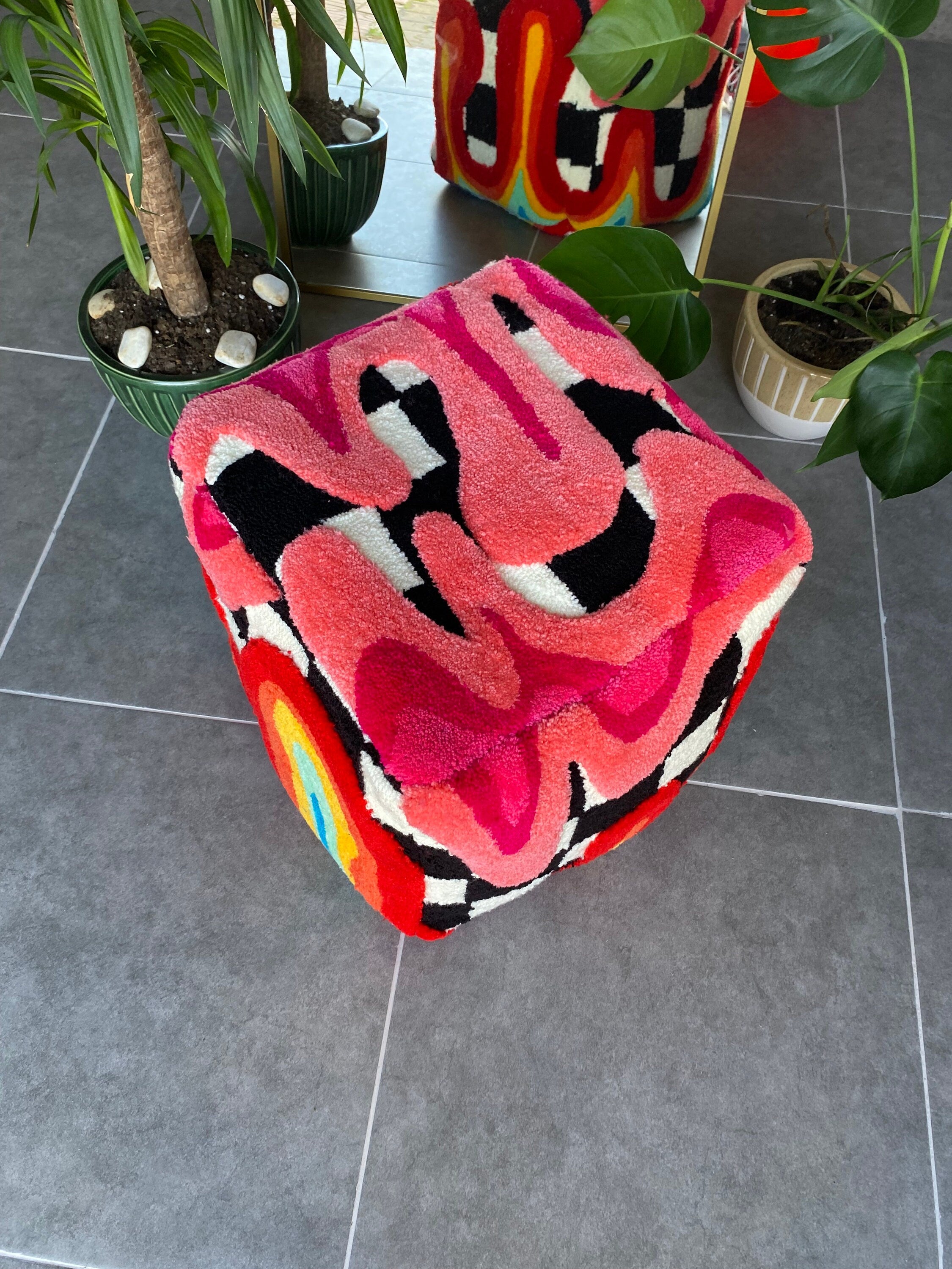 OrnnWorks Rainbow Checkered 3D Tufted Ottoman Pouf Cover Unstuffed Bohemian
