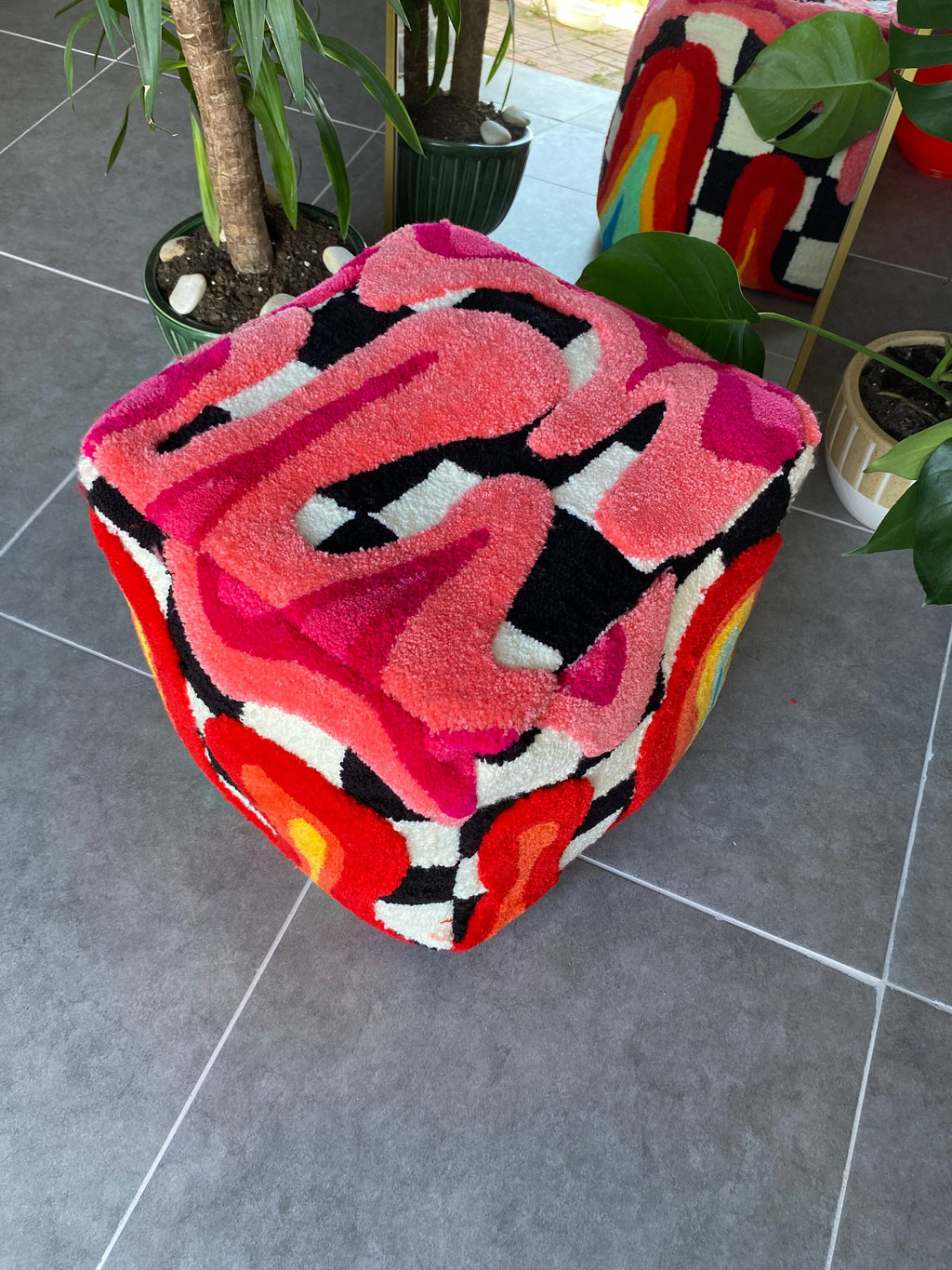 OrnnWorks Rainbow Checkered 3D Tufted Ottoman Pouf Cover Unstuffed