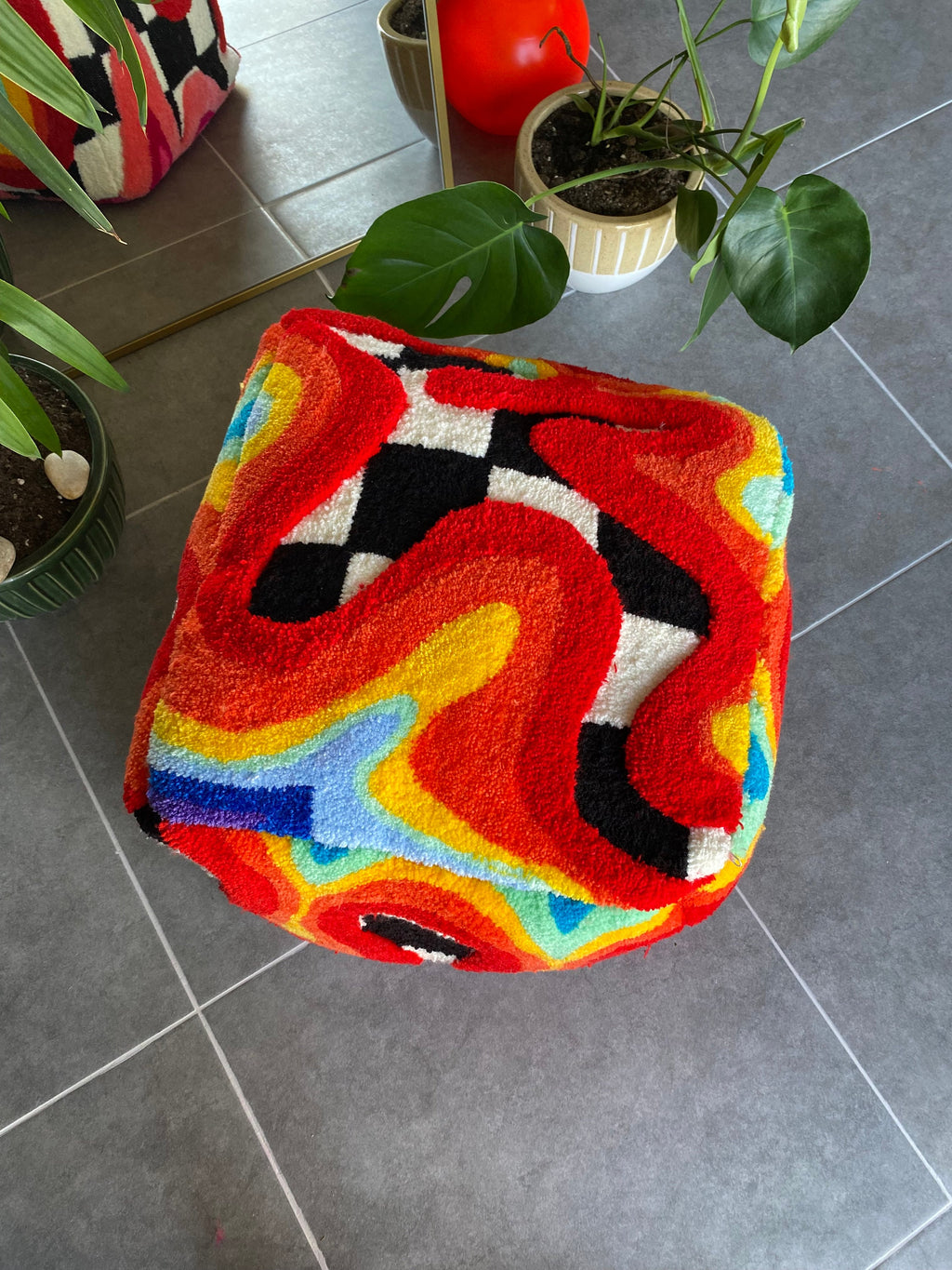 OrnnWorks Rainbow Checkered 3D Tufted Ottoman Pouf Cover Unstuffed