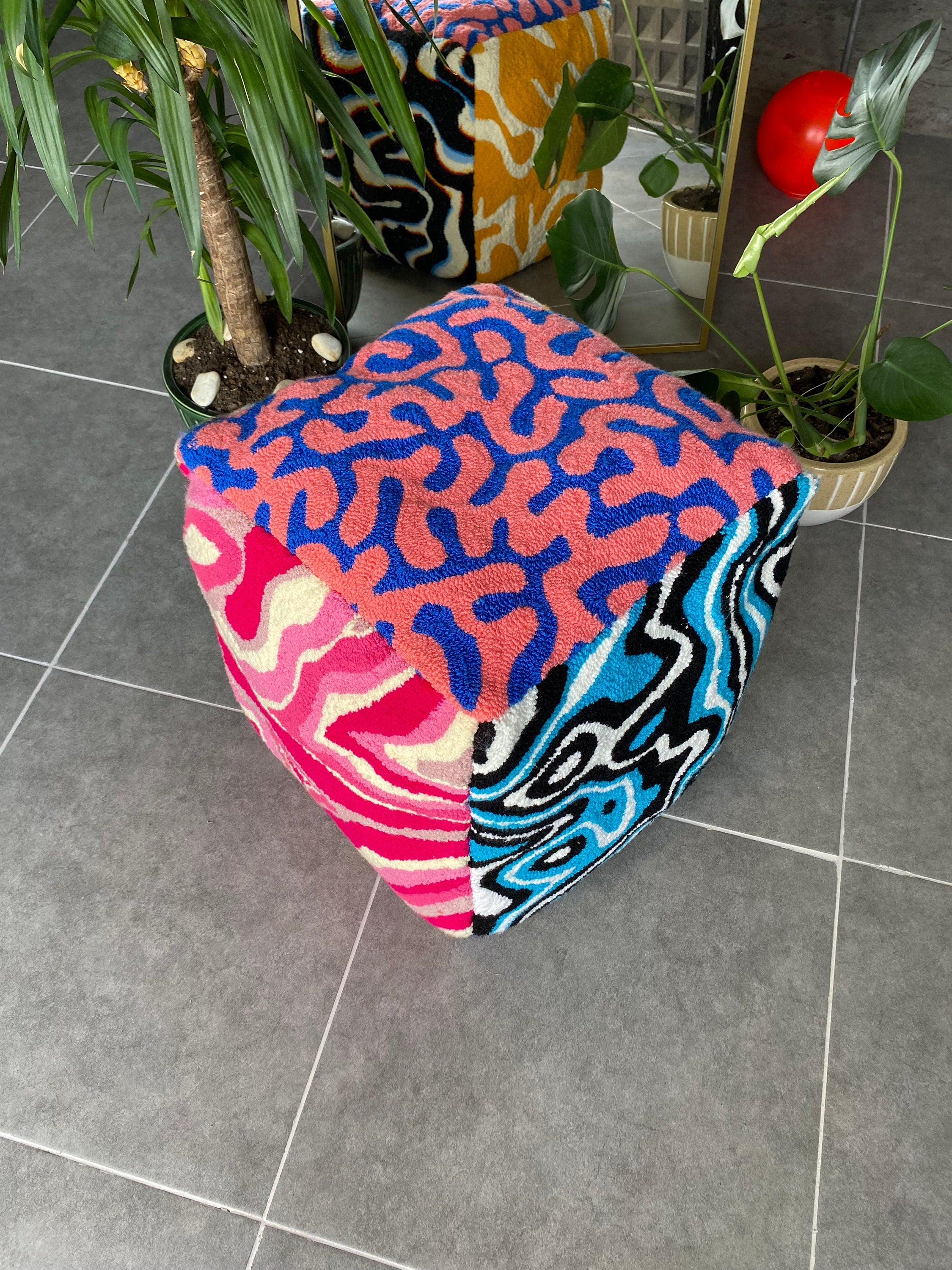 OrnnWorks Psychedelic Tufted Ottoman Pouf Cover Unstuffed Handmade