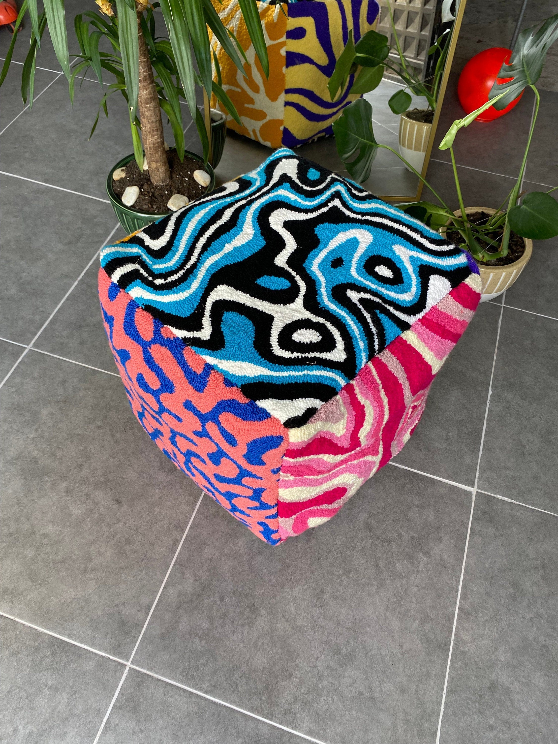 OrnnWorks Psychedelic Tufted Ottoman Pouf Cover Unstuffed Handmade