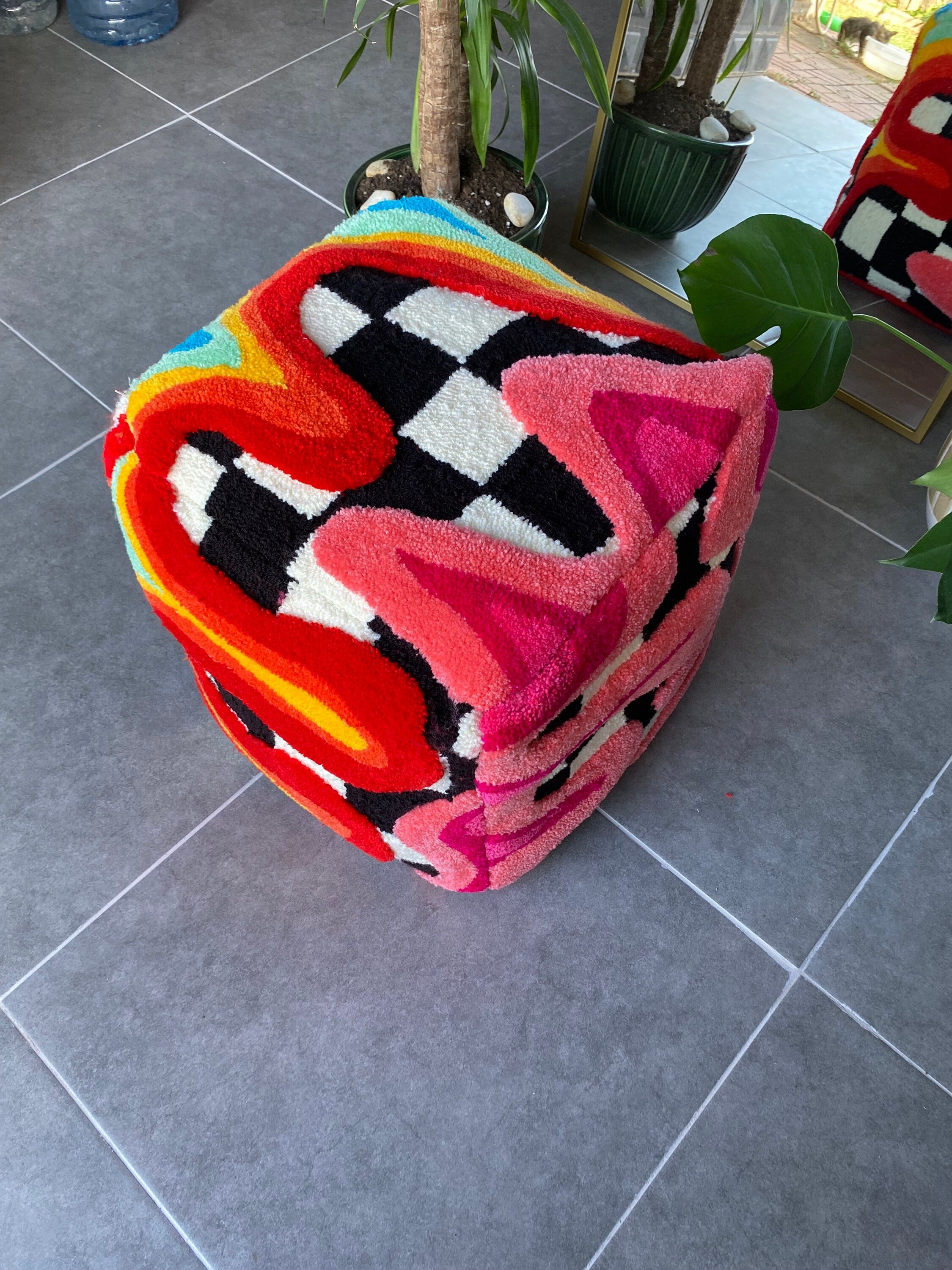 OrnnWorks Rainbow Checkered 3D Tufted Ottoman Pouf Cover Unstuffed