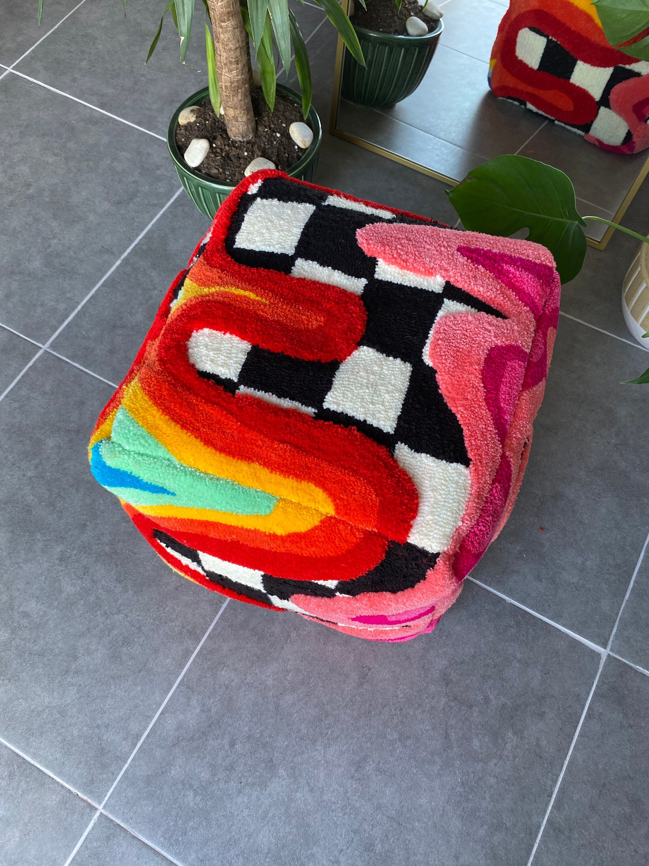 OrnnWorks Rainbow Checkered 3D Tufted Ottoman Pouf Cover Unstuffed