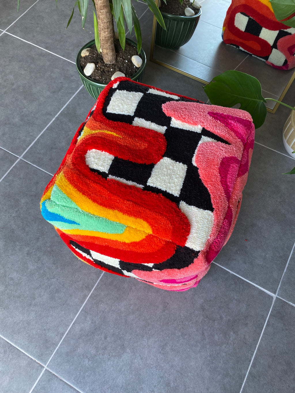 OrnnWorks Rainbow Checkered 3D Tufted Ottoman Pouf Cover Unstuffed Bohemian