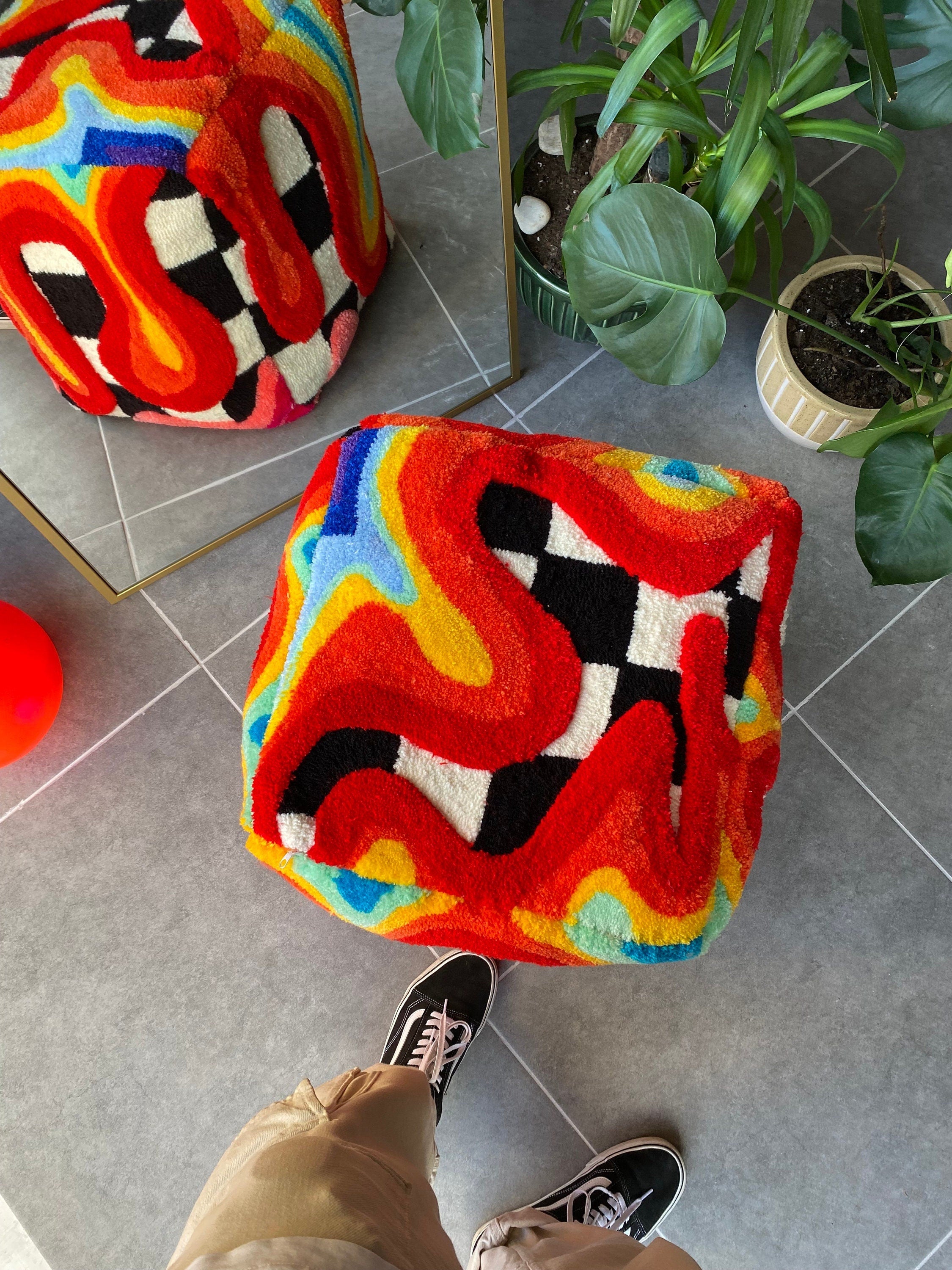 OrnnWorks Rainbow Checkered 3D Tufted Ottoman Pouf Cover Unstuffed