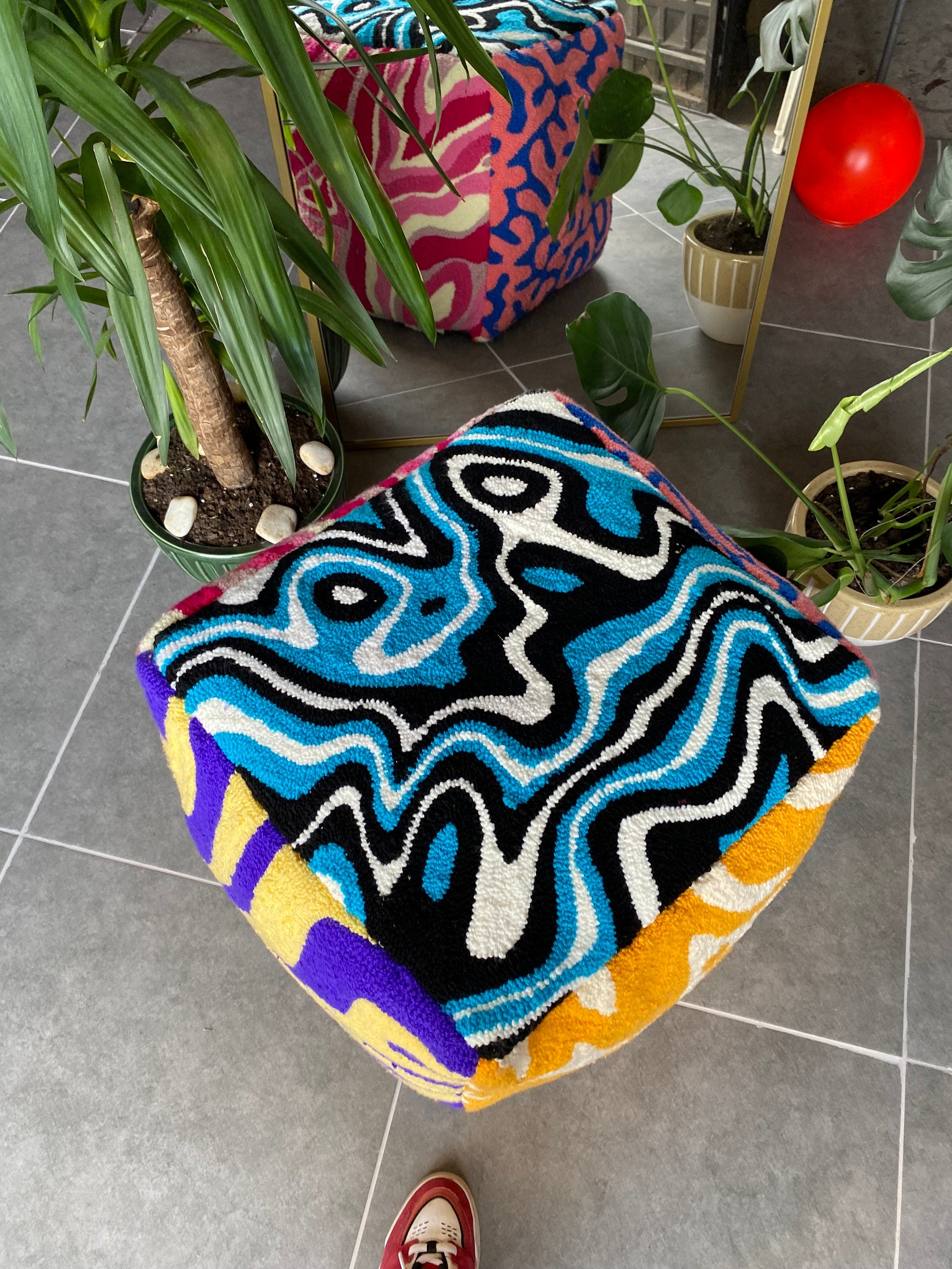 OrnnWorks Psychedelic Tufted Ottoman Pouf Cover Unstuffed Handmade
