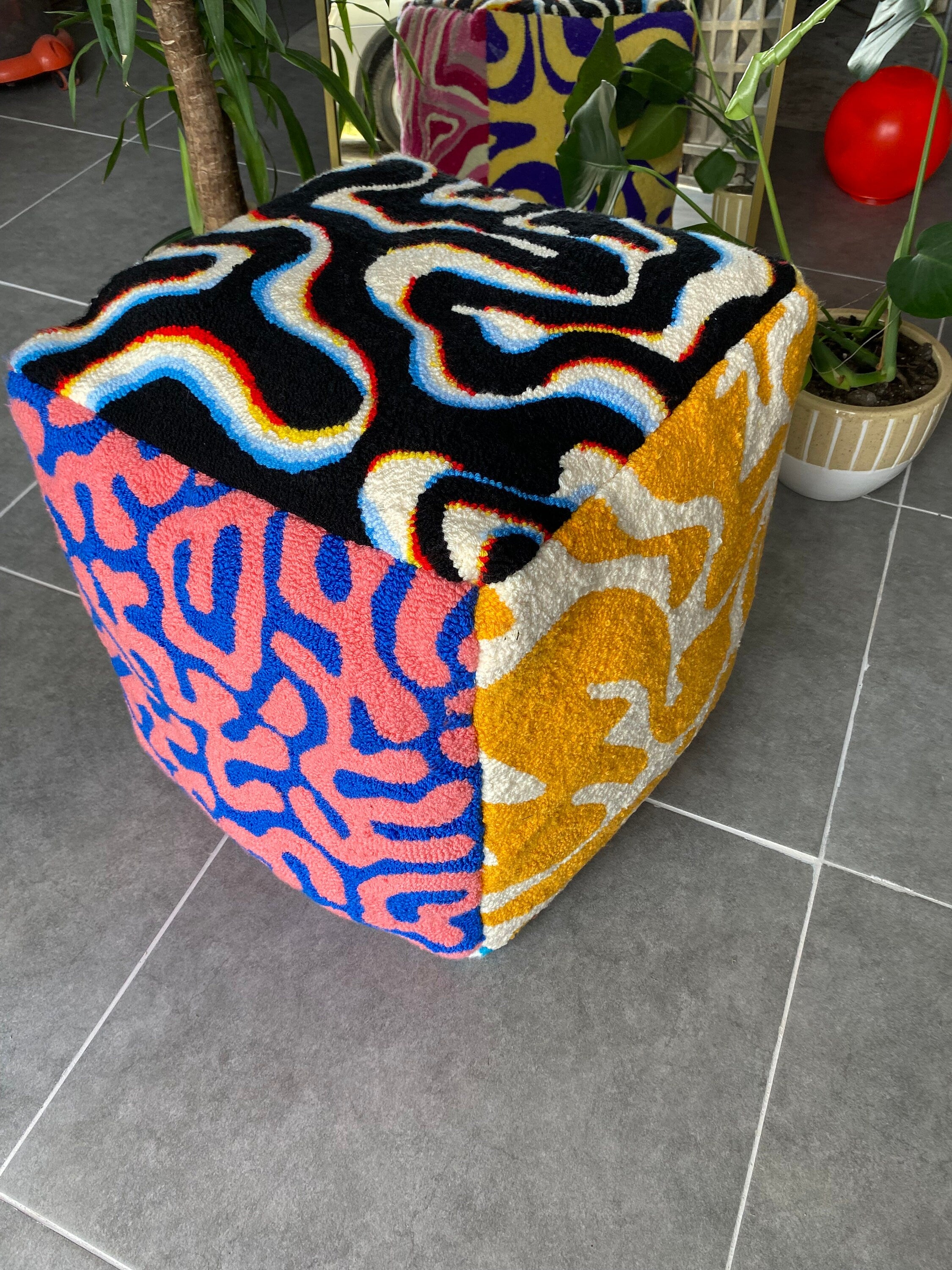 OrnnWorks Psychedelic Tufted Ottoman Pouf Cover Unstuffed Handmade