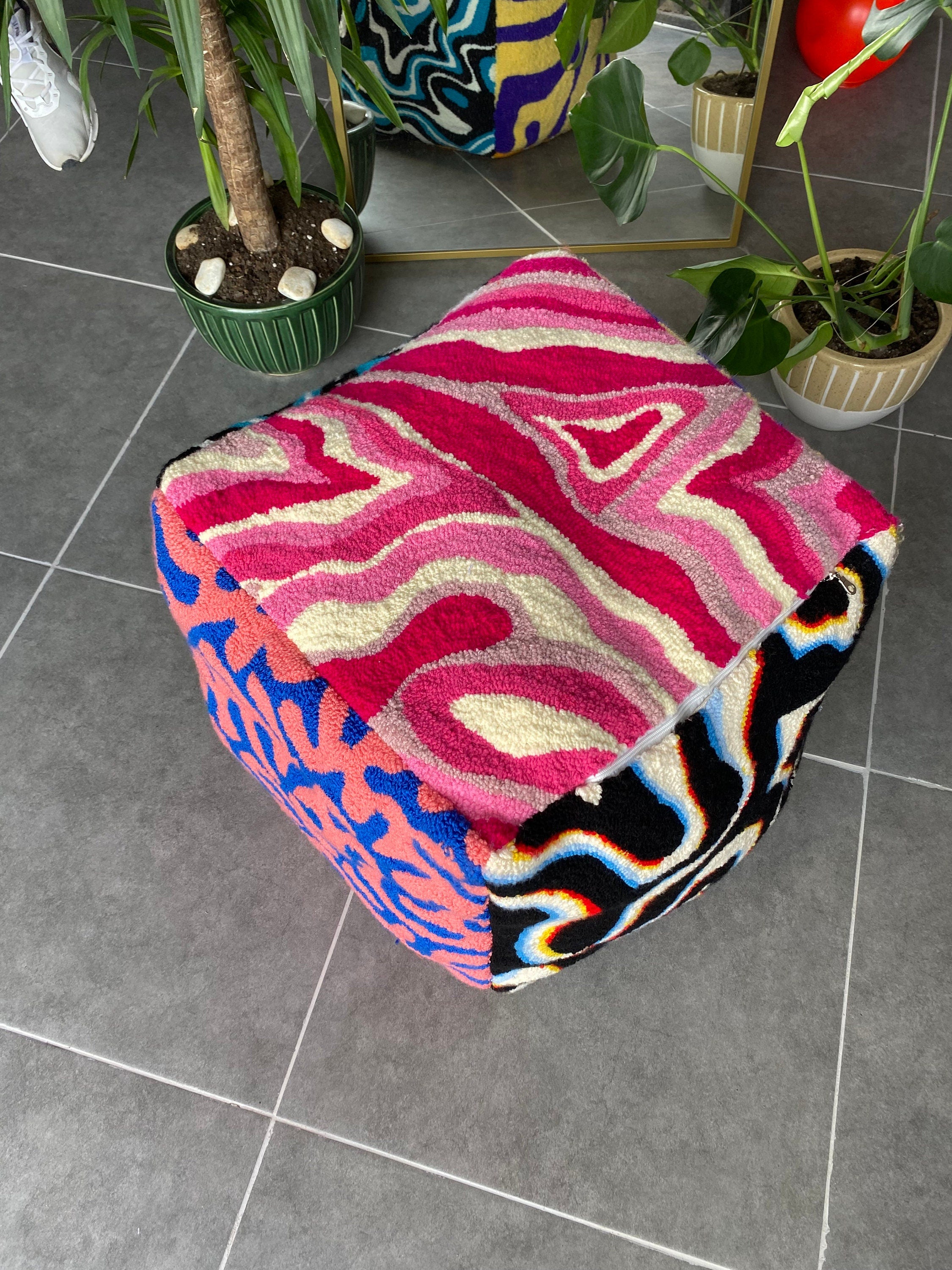 OrnnWorks Psychedelic Tufted Ottoman Pouf Cover Unstuffed Handmade