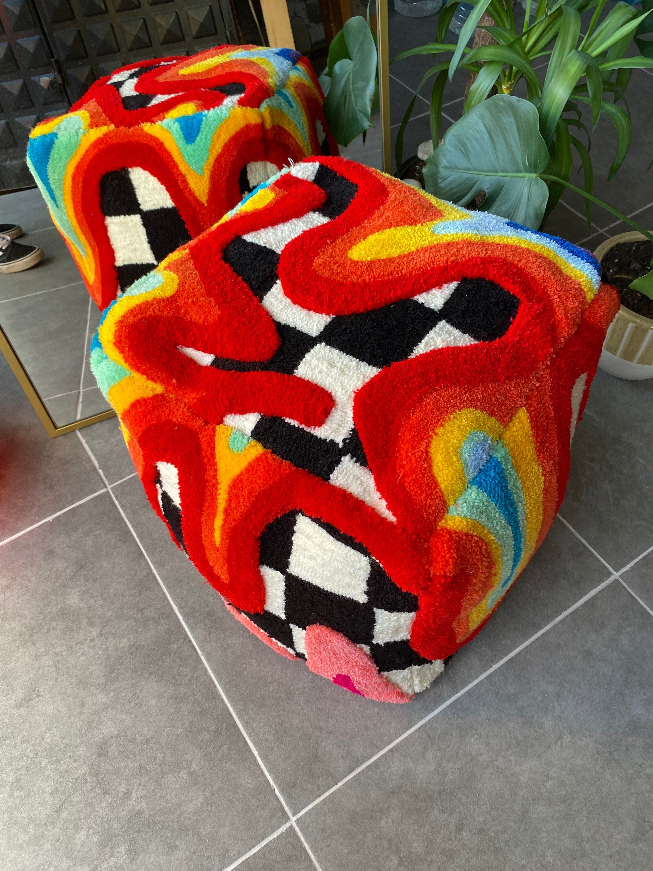 OrnnWorks Rainbow Checkered 3D Tufted Ottoman Pouf Cover Unstuffed