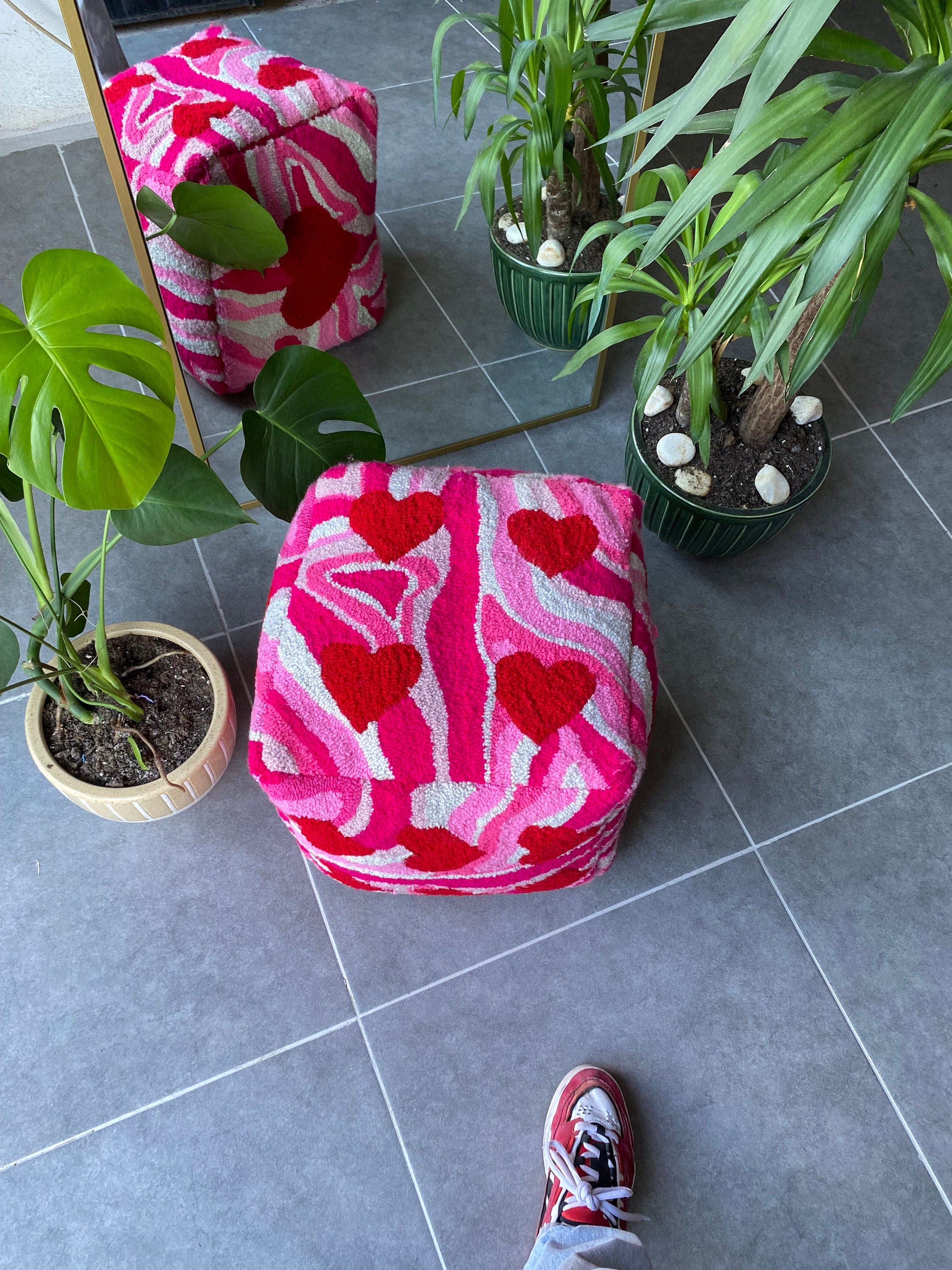 OrnnWorks Heart Patterned Pink Shades Dice Ottoman Pouf Cover Unstuffed