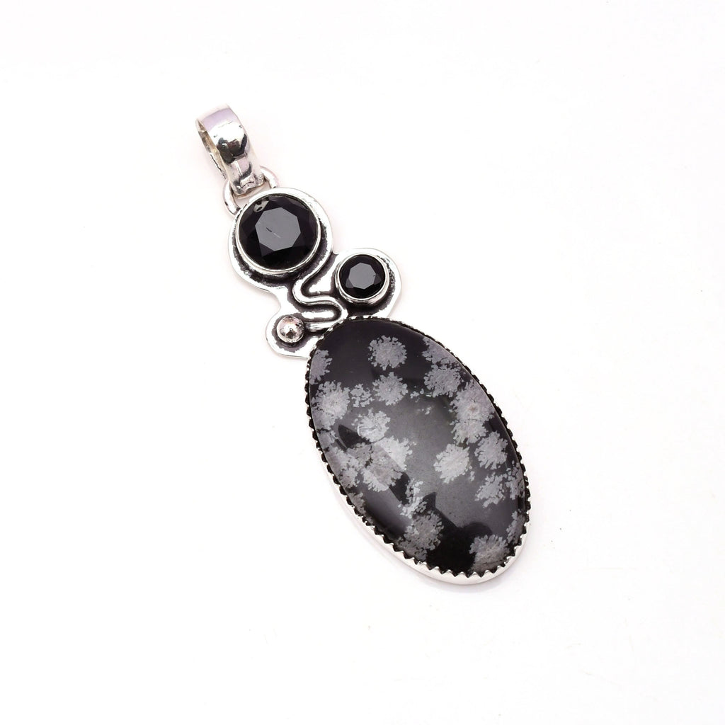 EkkJewels Snowflake Obsidian 925 Sterling Silver Pendant Necklace