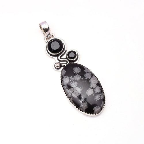 EkkJewels Snowflake Obsidian 925 Sterling Silver Pendant Necklace