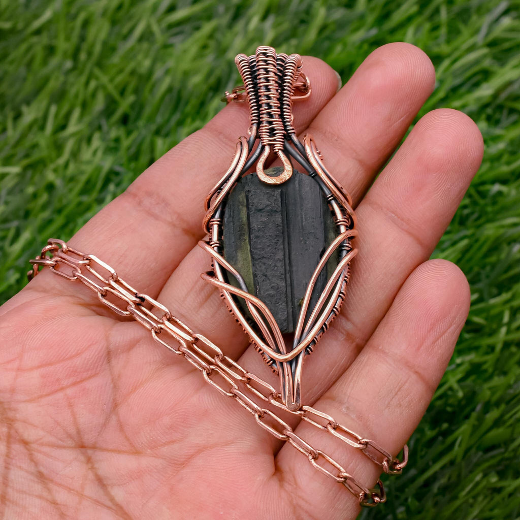EkkJewels Rough Black Tourmaline Copper Wire Wrapped Pendant Necklace