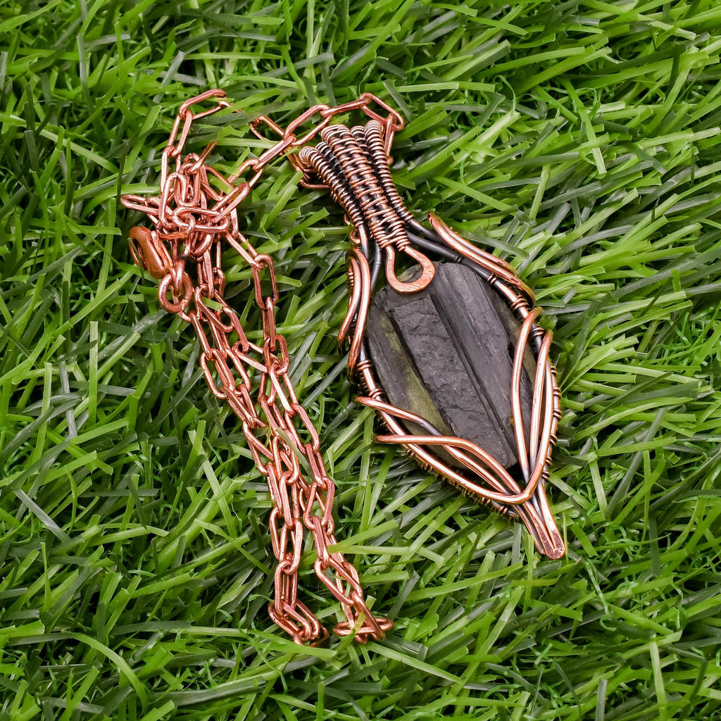 EkkJewels Handmade Rough Black Tourmaline Pendant Copper Wire Wrapped Necklace