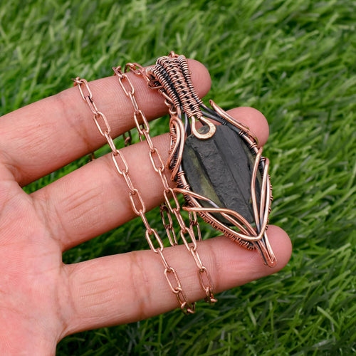 EkkJewels Rough Black Tourmaline Copper Wire Wrapped Pendant Necklace