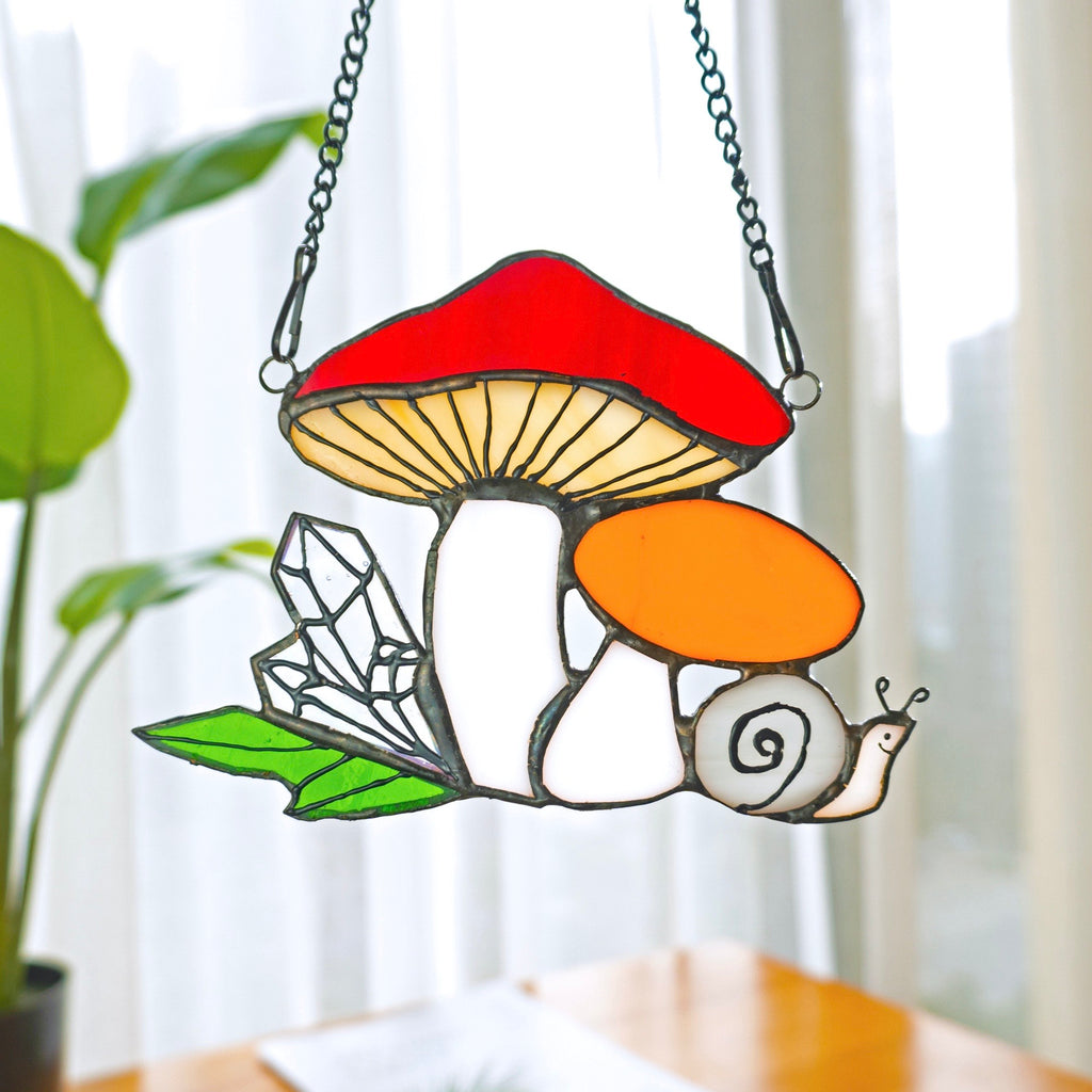 RainLine Mushroom Snail Stained Glass Suncatcher Window Hanging 6in