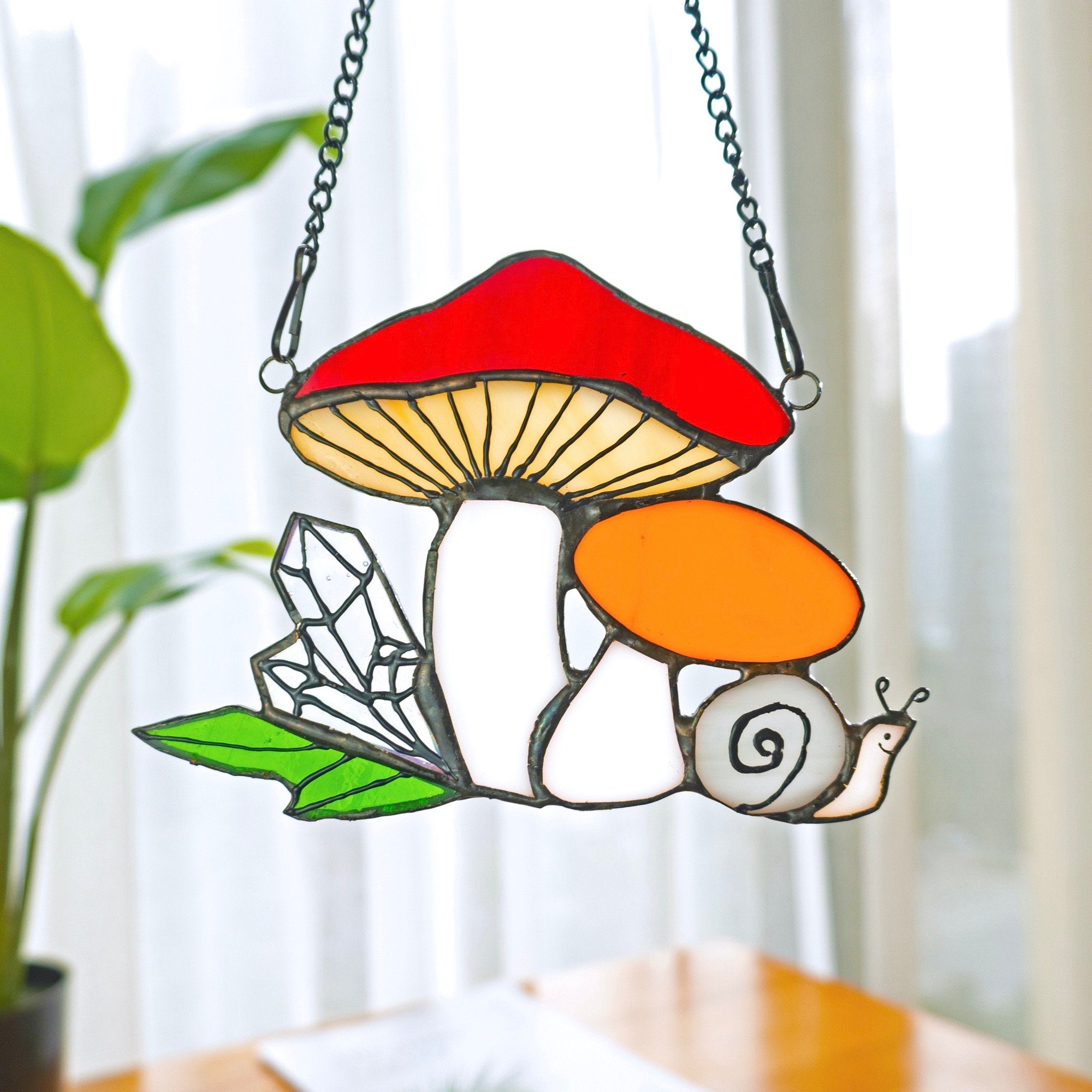 RainLine Mushroom Snail Stained Glass Suncatcher Window Hanging 6in