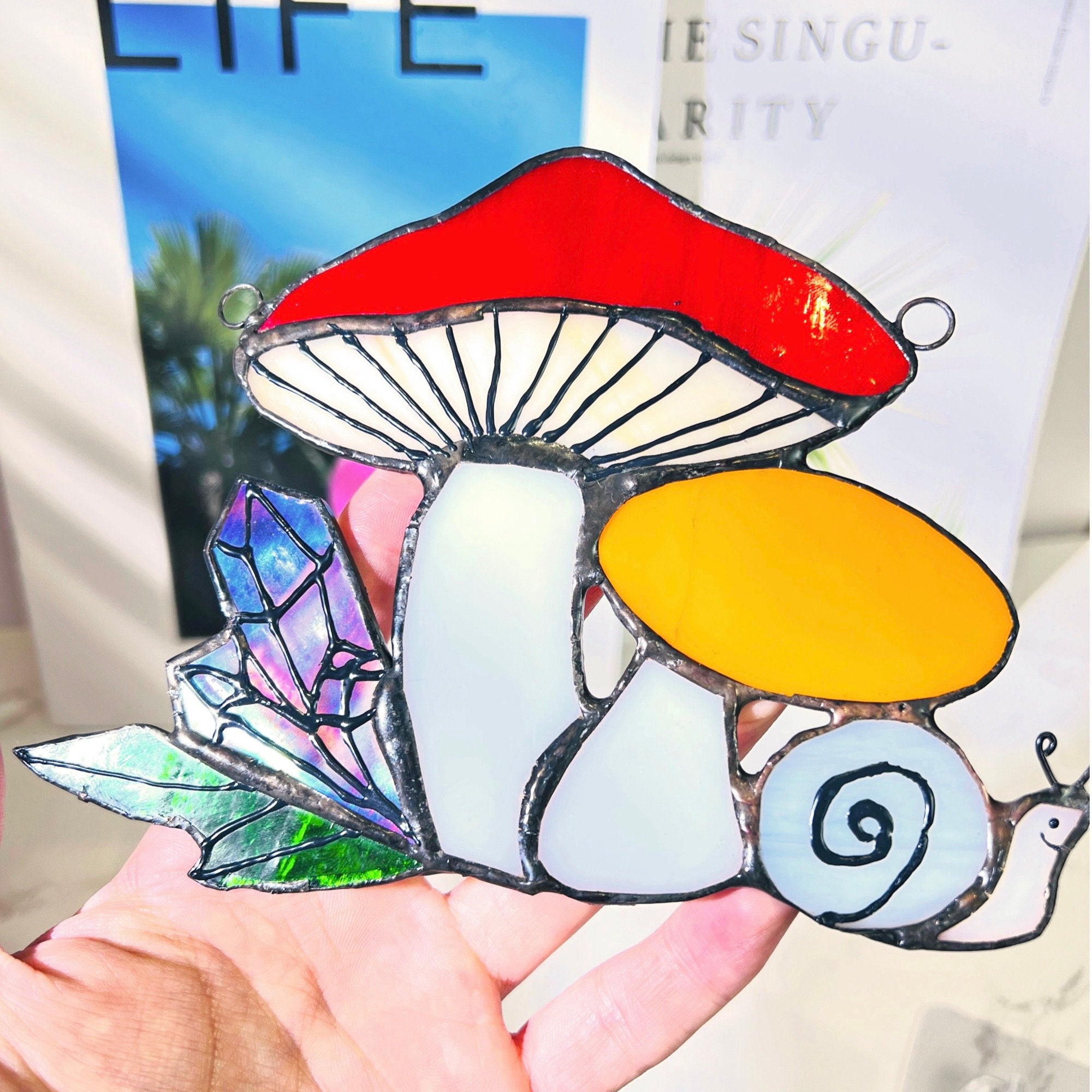 RainLine Mushroom Snail Stained Glass Suncatcher Window Hanging 6in