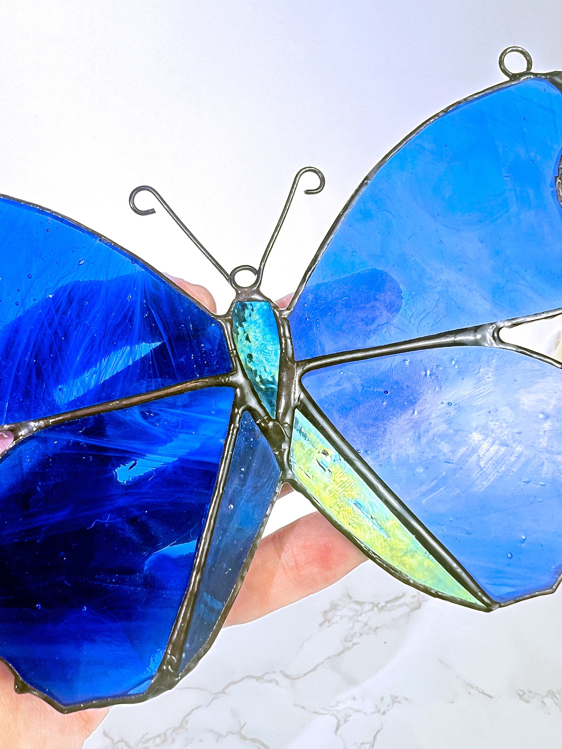 RainLine Blue Morpho Butterfly Stained Glass Suncatcher Window Hanging 7in