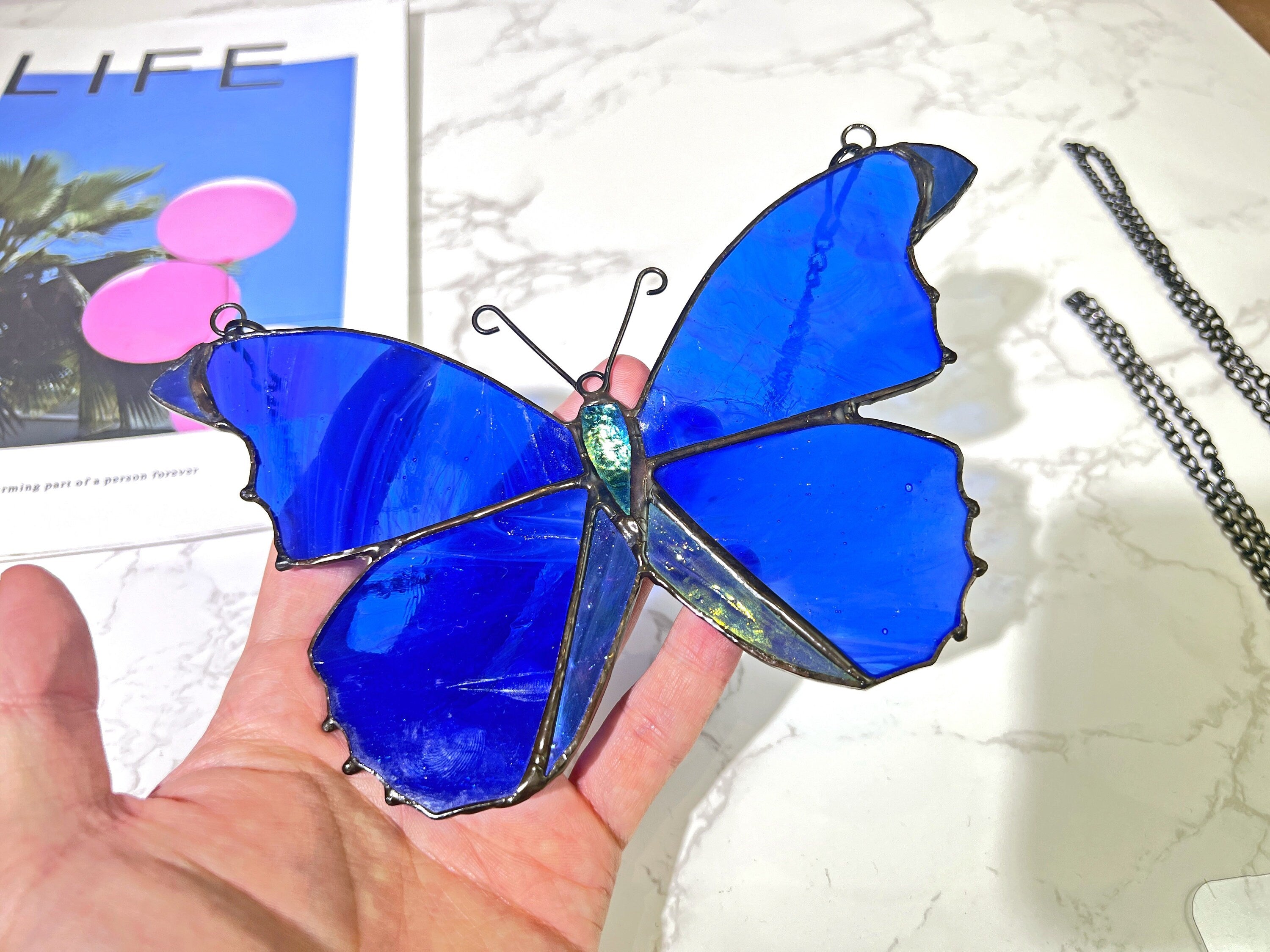 RainLine Blue Morpho Butterfly Stained Glass Suncatcher Window Hanging 7in