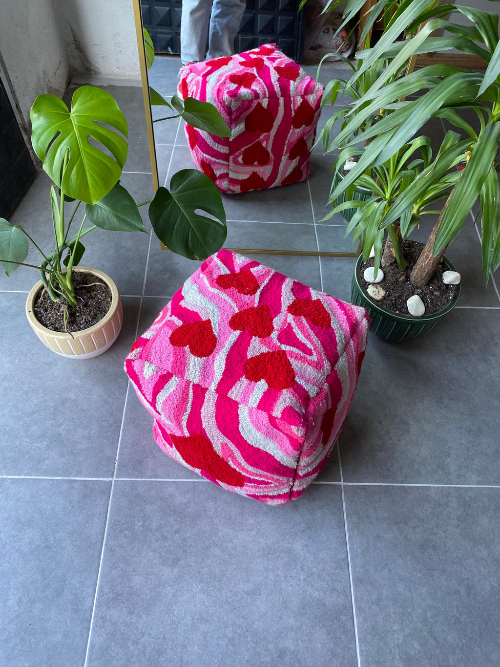 OrnnWorks Heart Patterned Pink Shades Dice Ottoman Pouf Cover Unstuffed