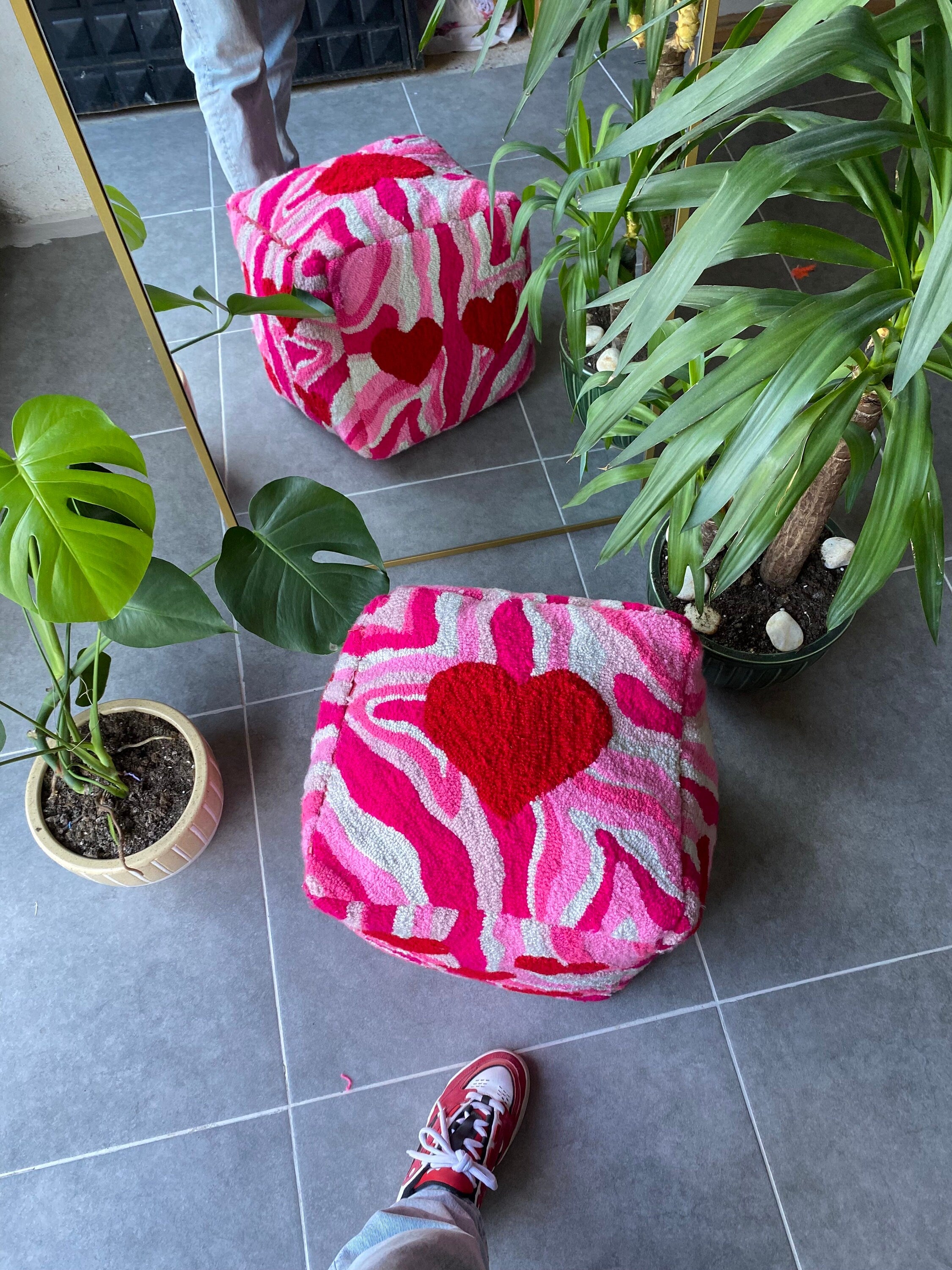 OrnnWorks Heart Patterned Pink Shades Dice Ottoman Pouf Cover Unstuffed
