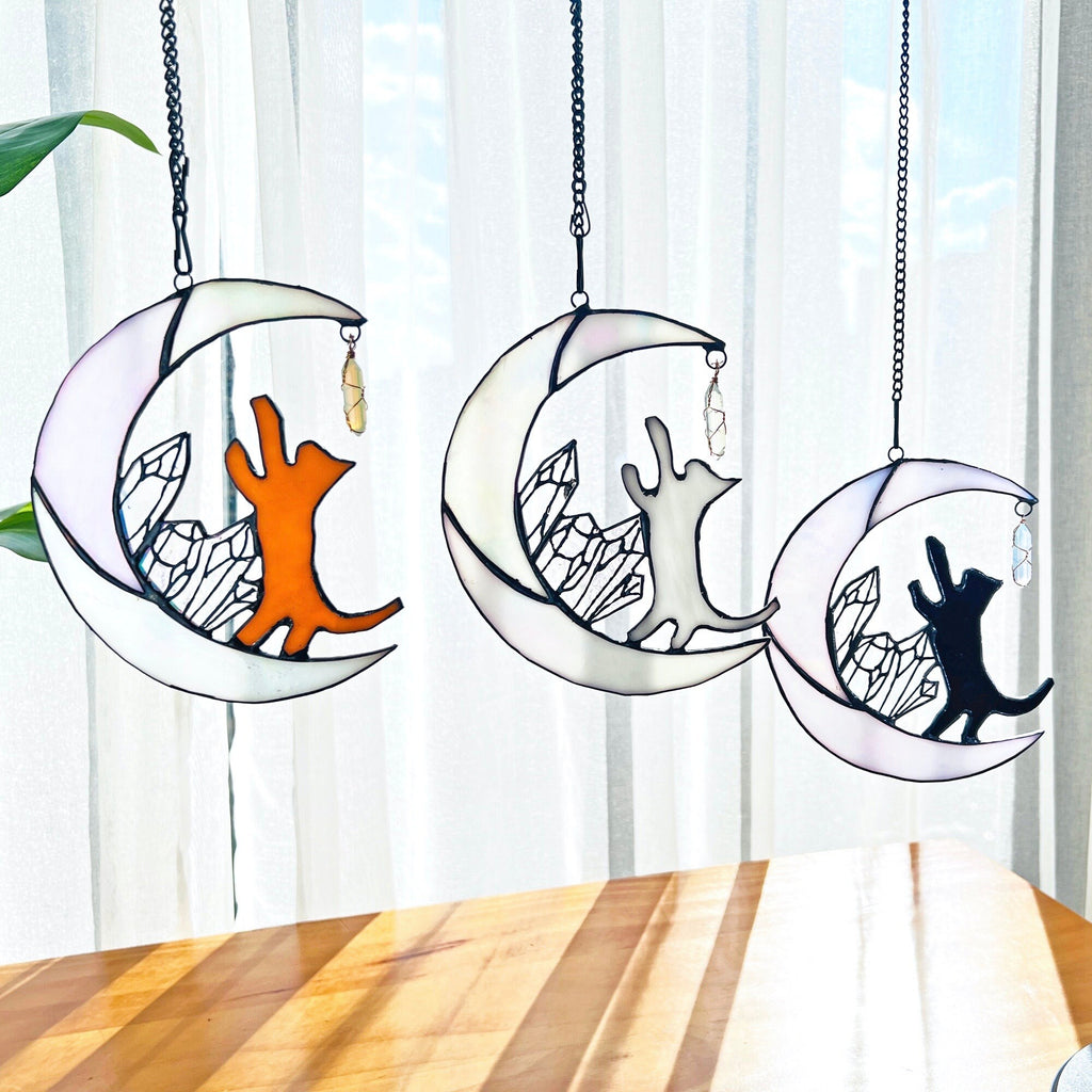 RainLine Cat on Moon Stained Glass Suncatcher 7in Iridescent