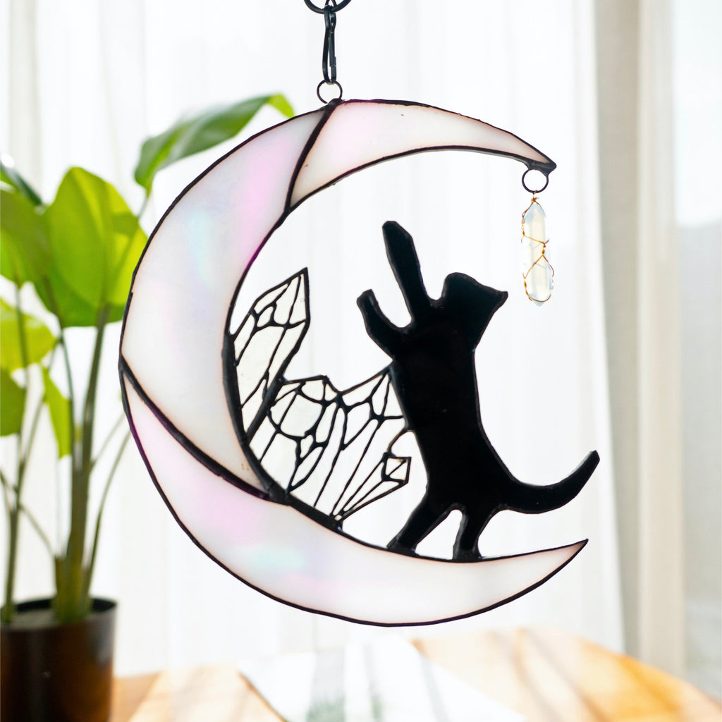 RainLine Cat on Moon Stained Glass Suncatcher 7in Iridescent