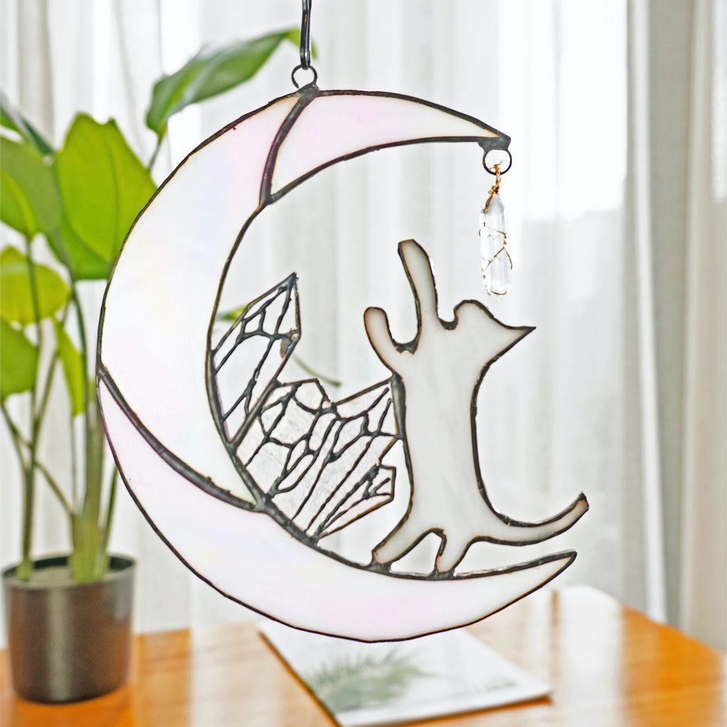 RainLine Cat on Moon Stained Glass Suncatcher 7in Iridescent
