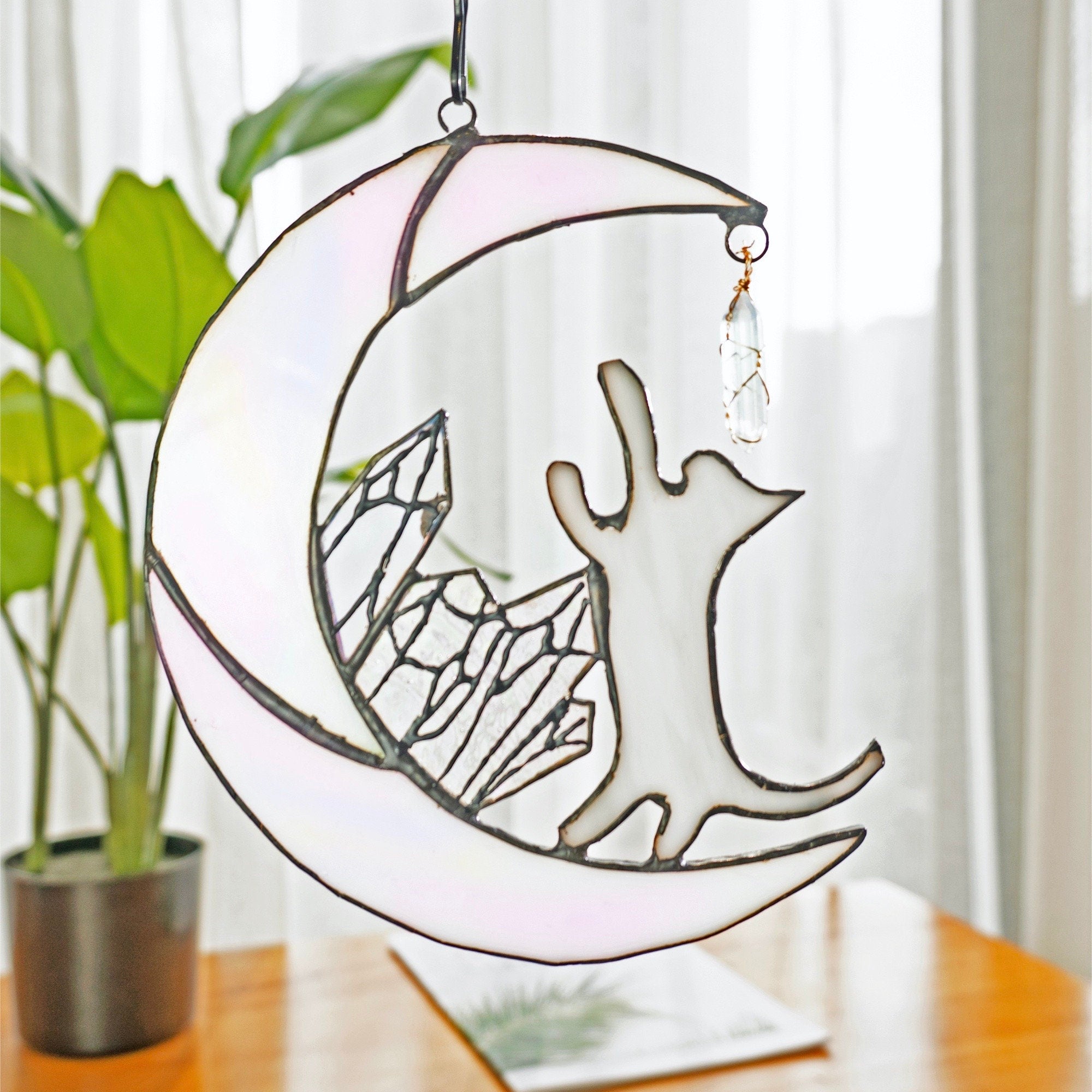 RainLine Cat on Moon Stained Glass Suncatcher 7in Iridescent